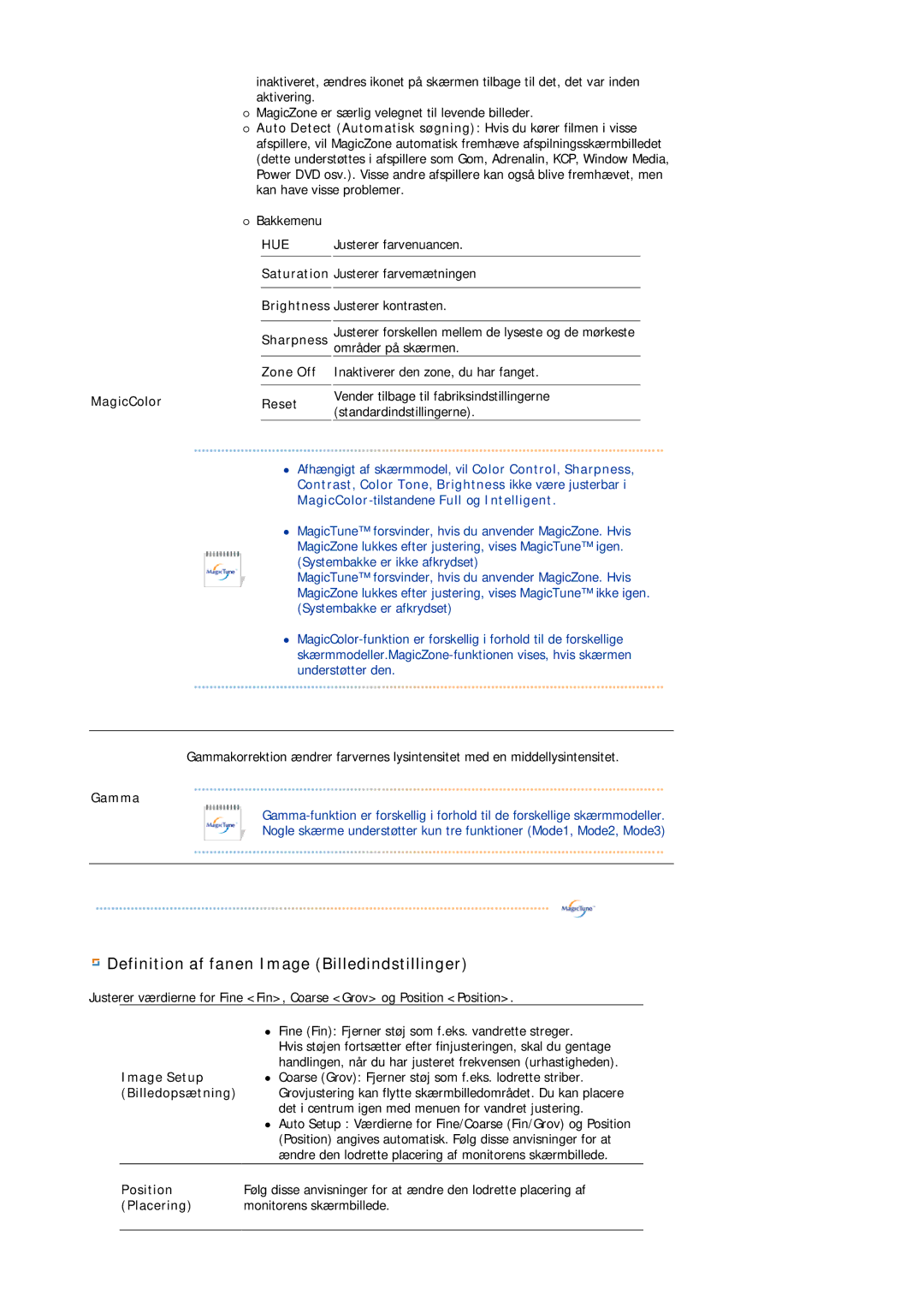 Samsung DE17PSQAQ/EDC manual Definition af fanen Image Billedindstillinger, MagicColor Reset, Image Setup, Billedopsætning 