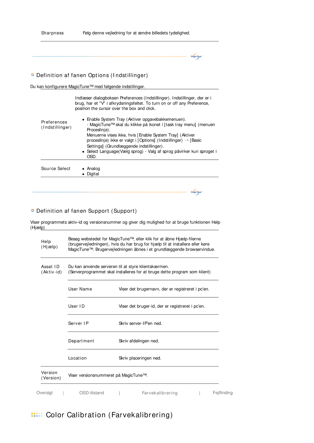 Samsung DE19PSQAQ/EDC, DE17PSQAQ/EDC manual Color Calibration Farvekalibrering, Definition af fanen Options Indstillinger 