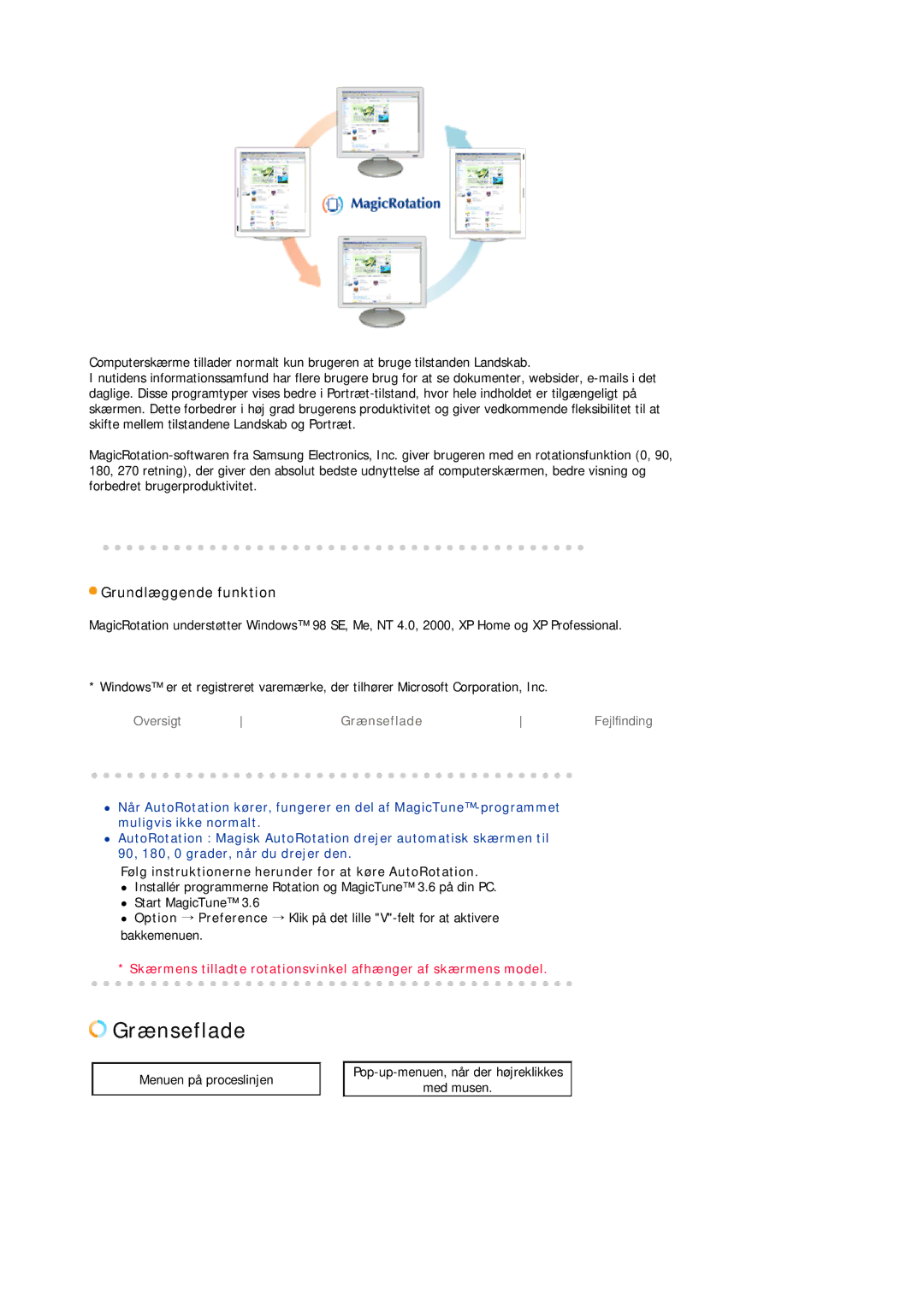 Samsung DE19PSQFV/EDC manual Grænseflade, Grundlæggende funktion, Følg instruktionerne herunder for at køre AutoRotation 