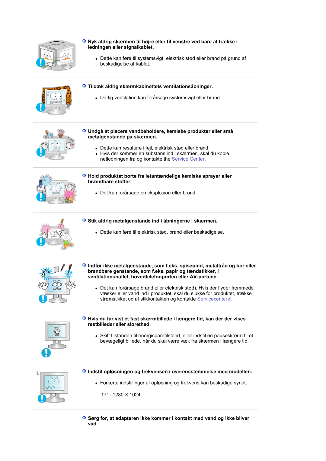 Samsung GS19ESSS/EDC, DE17PSQAQ/EDC, DE19PSQAQ/EDC, DE19PSQFV/EDC manual Tildæk aldrig skærmkabinettets ventilationsåbninger 