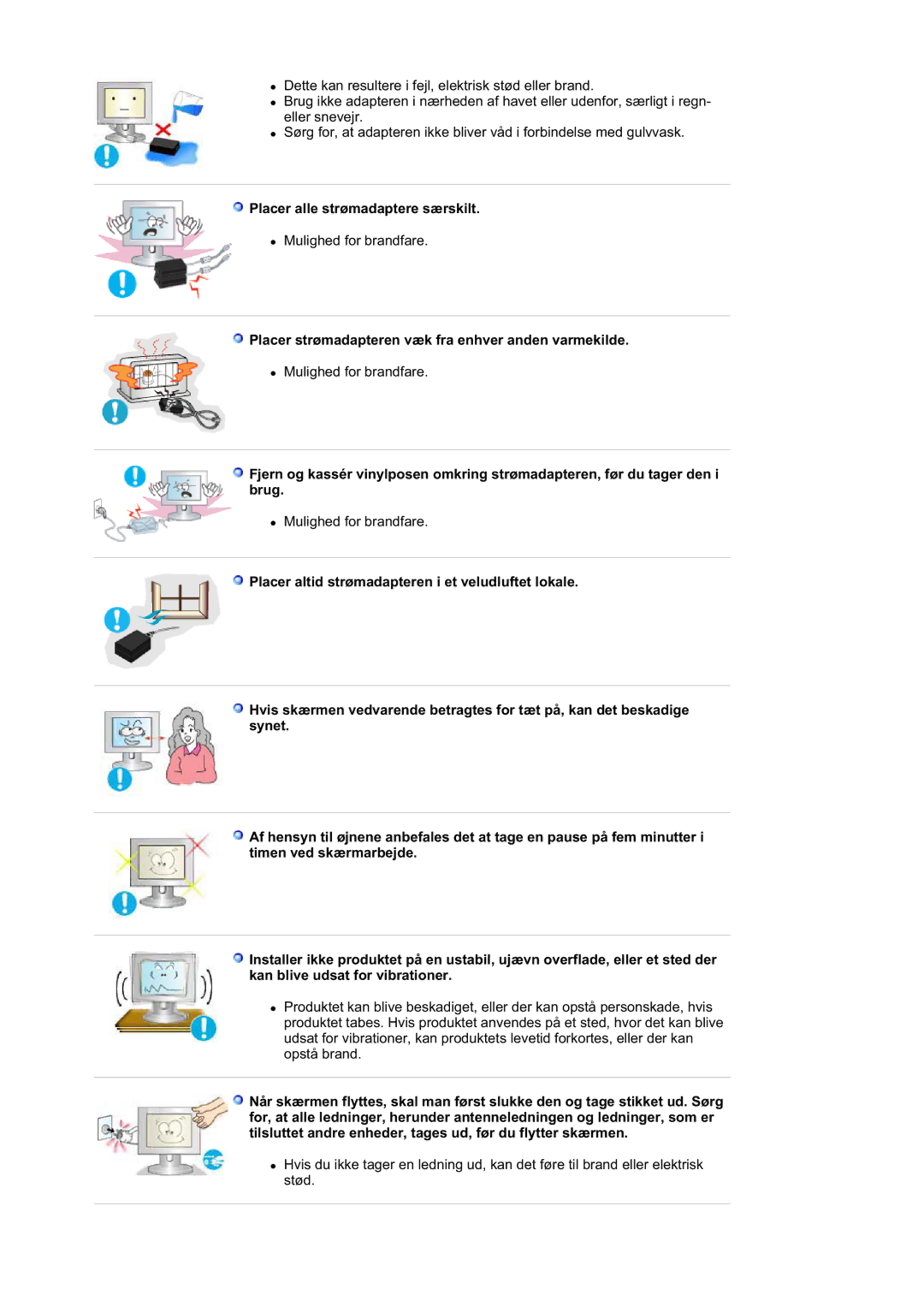 Samsung DE17PSQAQ/EDC manual Placer alle strømadaptere særskilt, Placer strømadapteren væk fra enhver anden varmekilde 