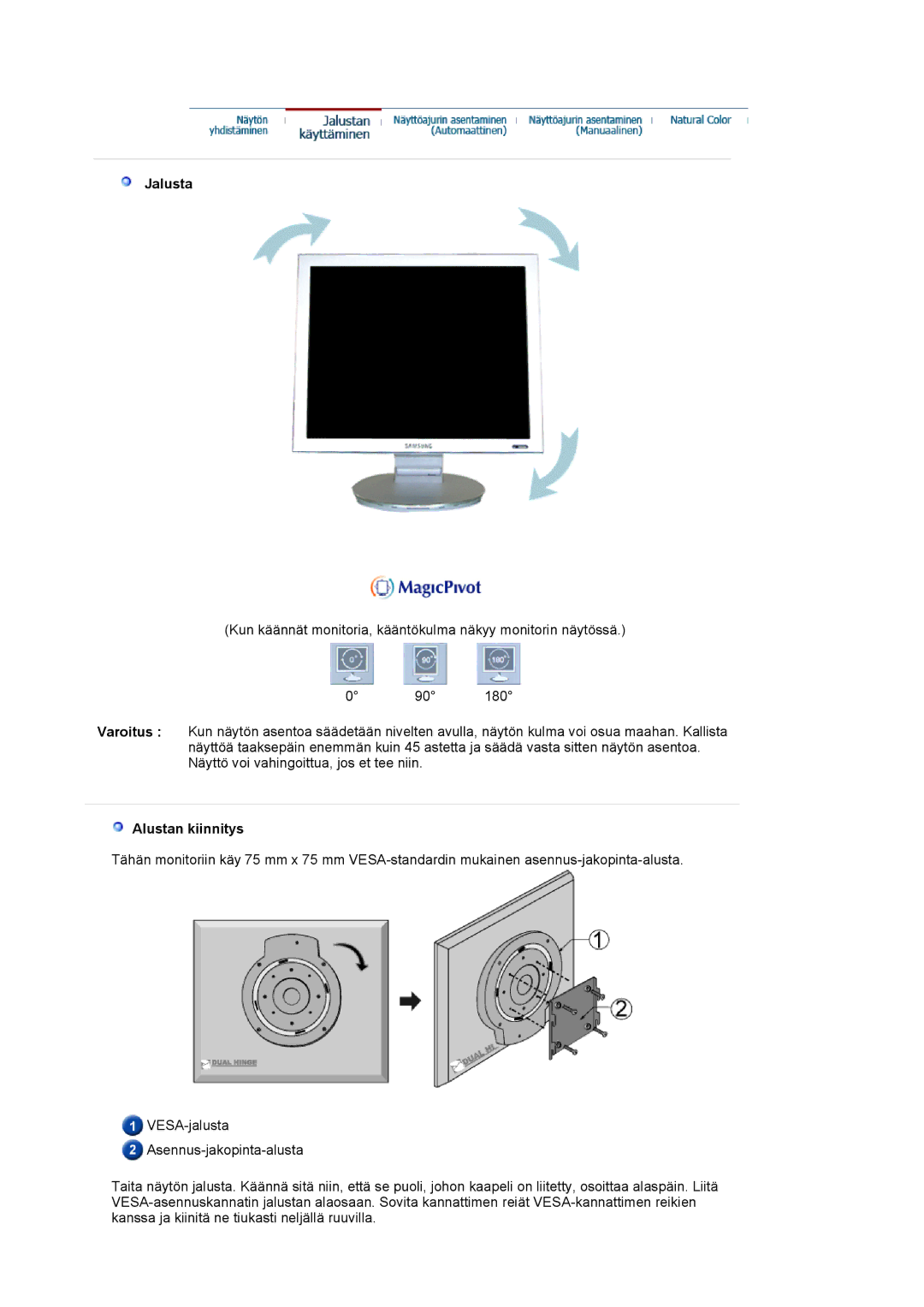 Samsung DE19PSQFV/EDC, DE17PSQAQ/EDC, DE19PSQAQ/EDC, GS19ESSS/EDC manual Jalusta, Alustan kiinnitys 