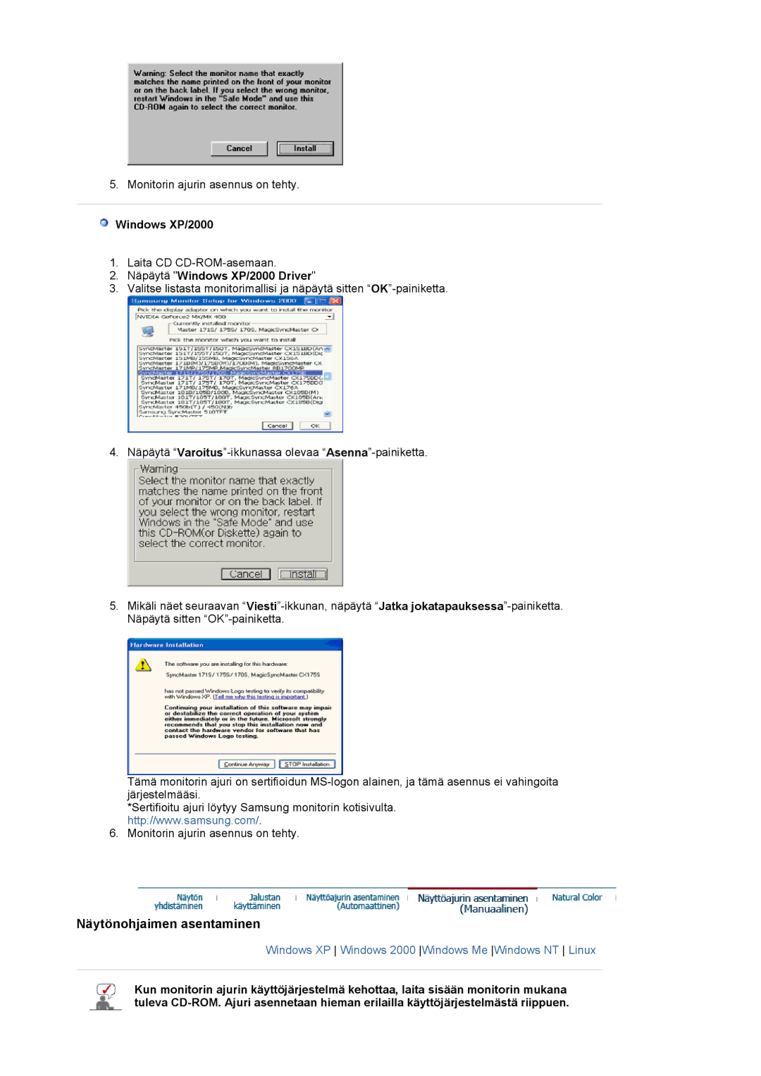 Samsung DE17PSQAQ/EDC, DE19PSQAQ/EDC, DE19PSQFV/EDC, GS19ESSS/EDC manual Näpäytä Windows XP/2000 Driver 