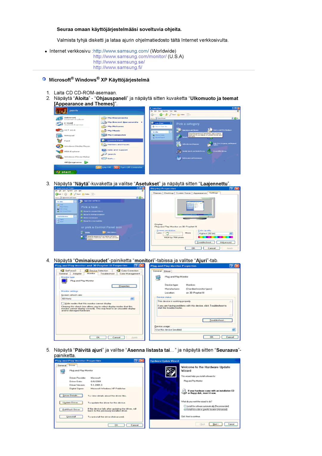 Samsung DE19PSQAQ/EDC manual Seuraa omaan käyttöjärjestelmääsi soveltuvia ohjeita, Microsoft Windows XP Käyttöjärjestelmä 