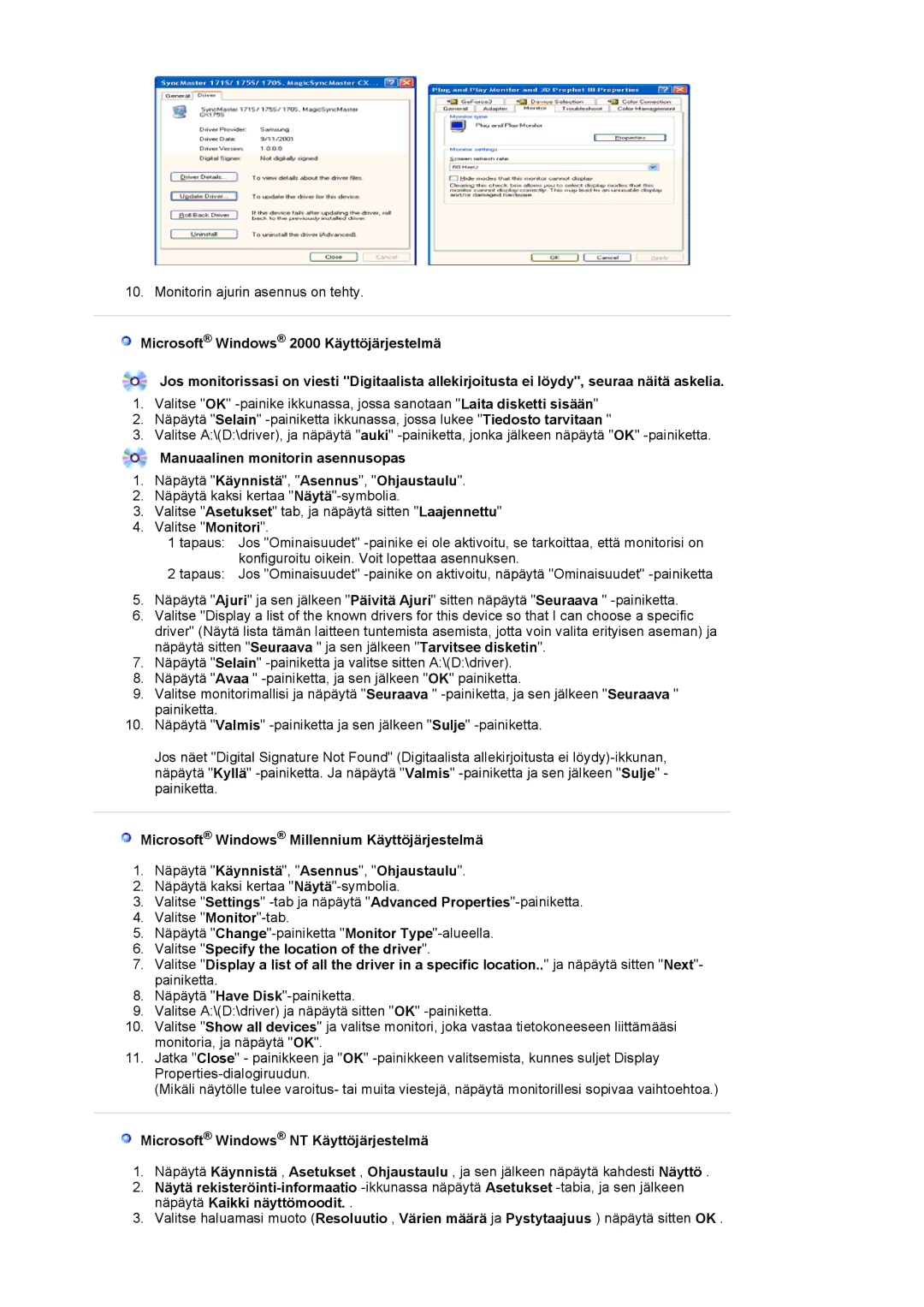 Samsung GS19ESSS/EDC, DE17PSQAQ/EDC, DE19PSQAQ/EDC, DE19PSQFV/EDC manual Microsoft Windows NT Käyttöjärjestelmä 