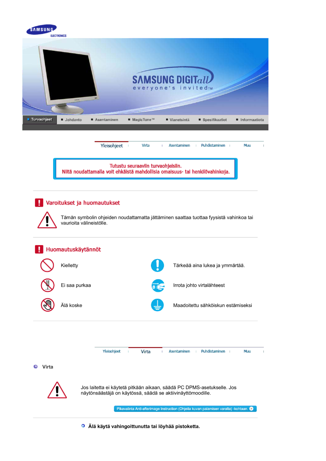 Samsung DE19PSQFV/EDC, DE17PSQAQ/EDC, DE19PSQAQ/EDC, GS19ESSS/EDC Virta, Älä käytä vahingoittunutta tai löyhää pistoketta 