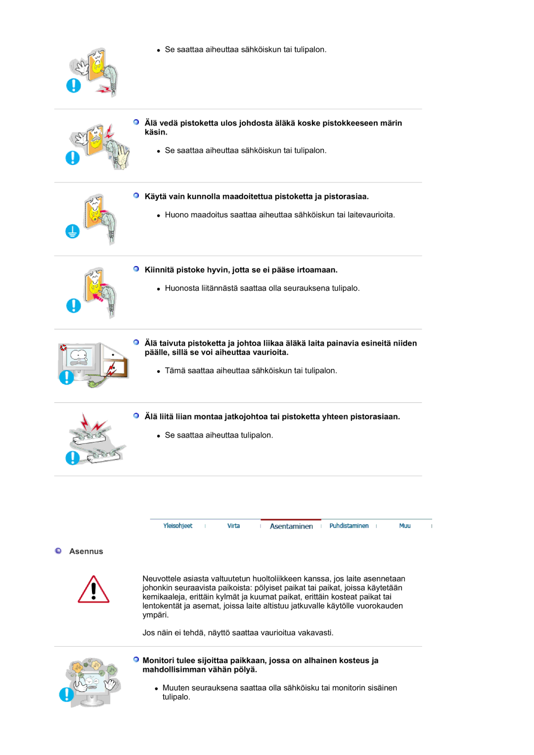 Samsung GS19ESSS/EDC, DE17PSQAQ/EDC, DE19PSQAQ/EDC manual Käytä vain kunnolla maadoitettua pistoketta ja pistorasiaa, Asennus 