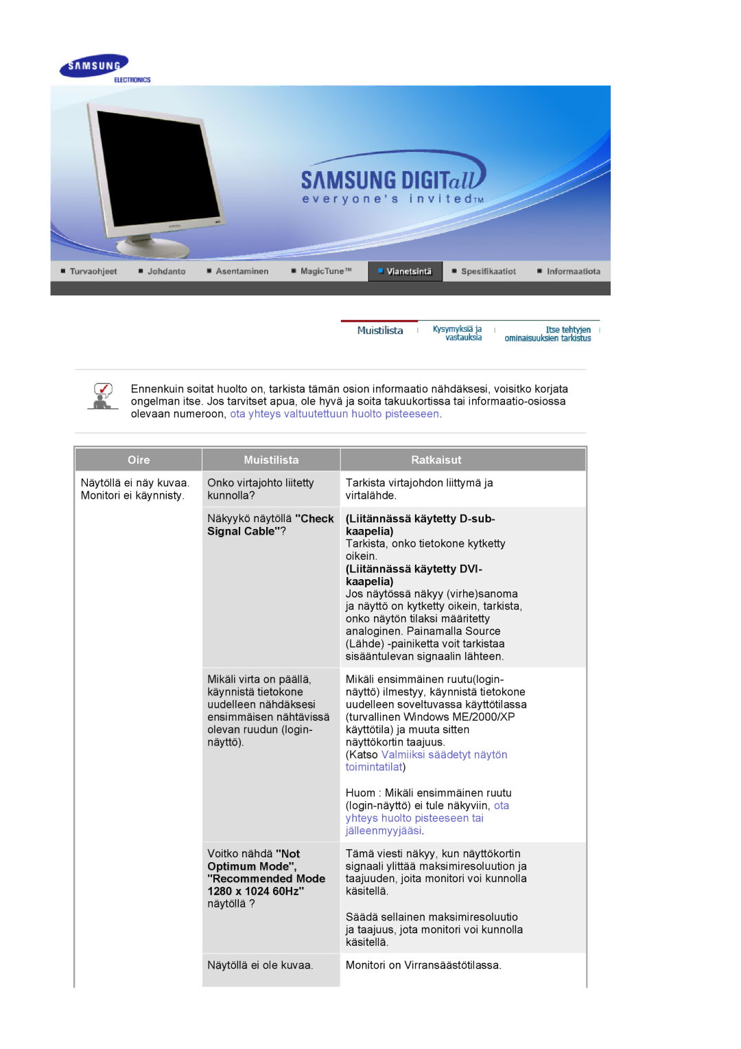 Samsung DE19PSQAQ/EDC manual Liitännässä käytetty D-sub, Signal Cable ? Kaapelia, Liitännässä käytetty DVI, Optimum Mode 