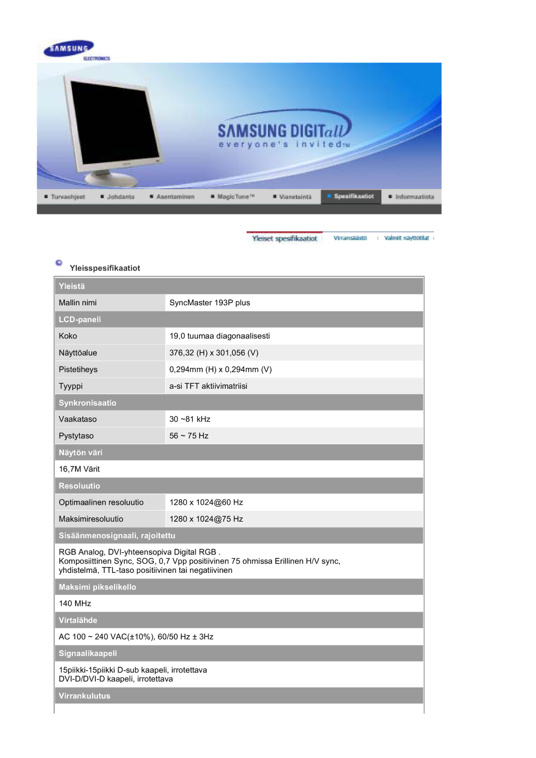 Samsung DE19PSQAQ/EDC, DE17PSQAQ/EDC, DE19PSQFV/EDC, GS19ESSS/EDC manual Mallin nimi SyncMaster 193P plus 