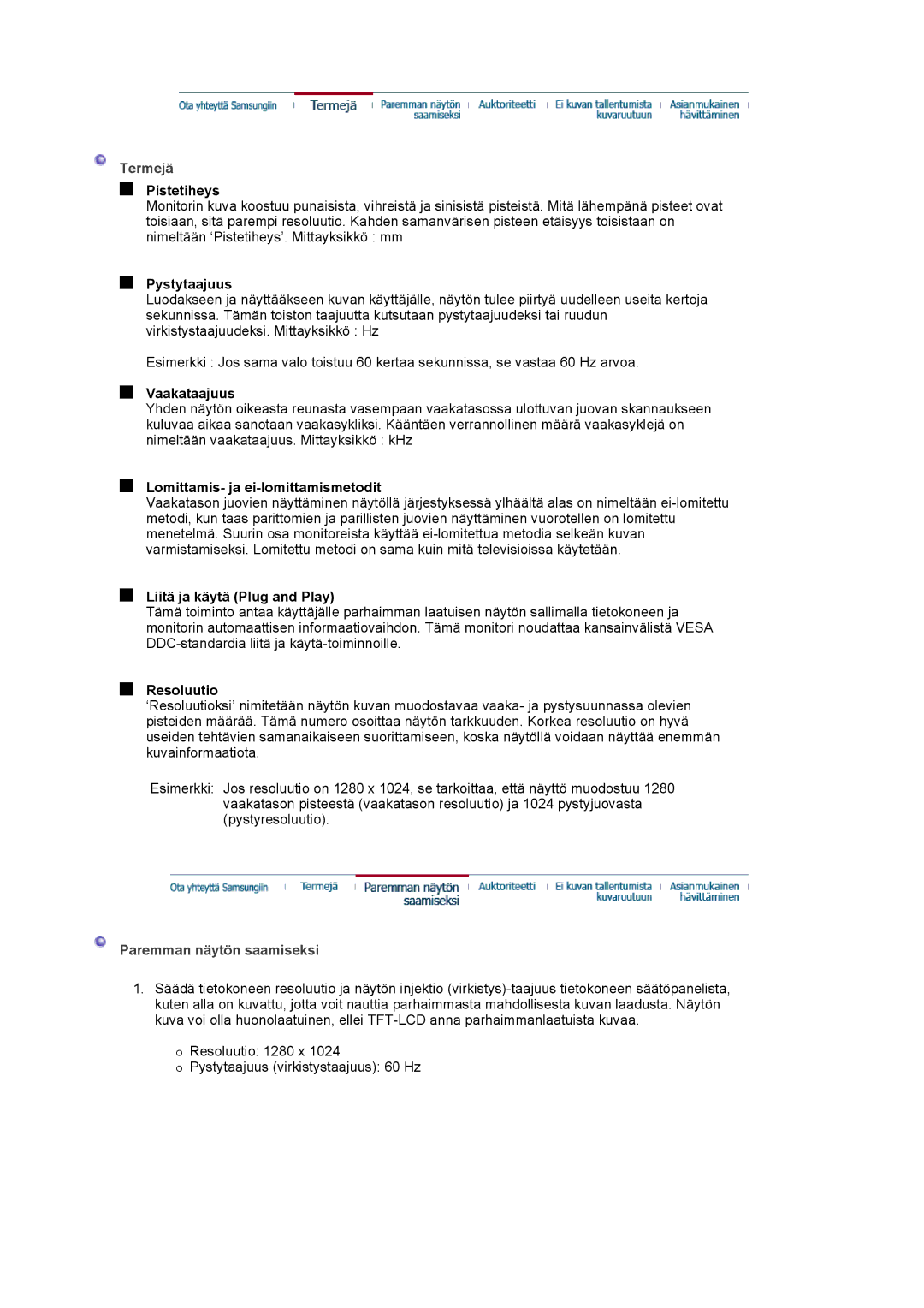 Samsung DE19PSQFV/EDC, DE17PSQAQ/EDC, DE19PSQAQ/EDC, GS19ESSS/EDC manual Termejä, Paremman näytön saamiseksi 