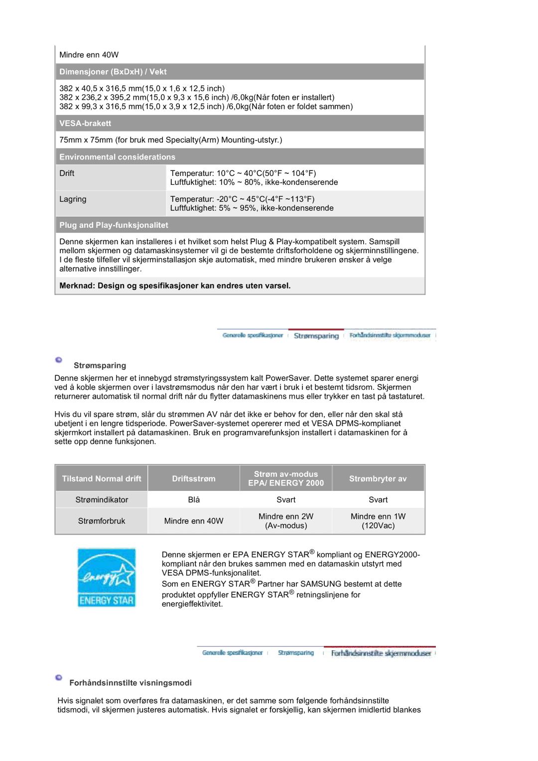 Samsung DE19PSQFV/EDC, DE17PSQAQ/EDC, DE19PSQAQ/EDC Merknad Design og spesifikasjoner kan endres uten varsel, Strømsparing 