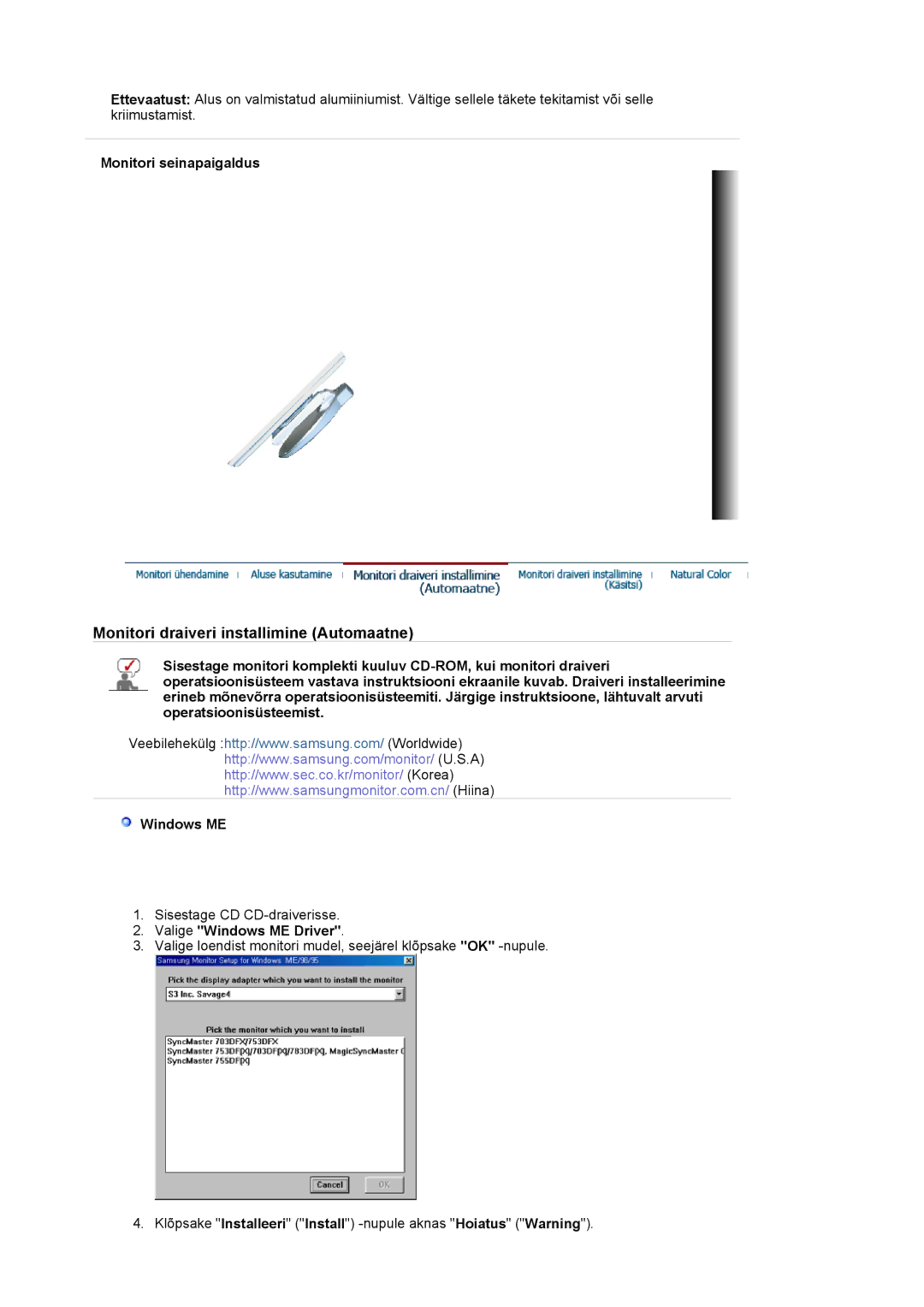 Samsung DE17PSQAQ/EDC, DE19PSQAQ/EDC, GS19ESSS/EDC manual Monitori seinapaigaldus, Valige Windows ME Driver 