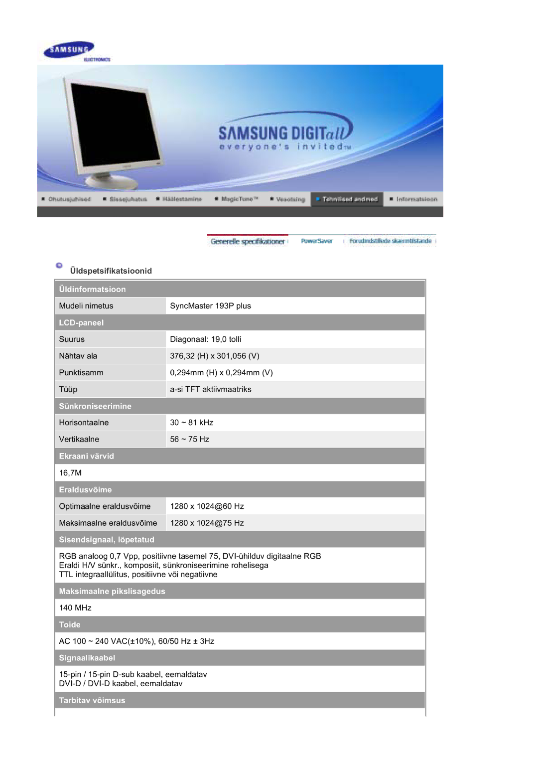 Samsung DE19PSQAQ/EDC, DE17PSQAQ/EDC, GS19ESSS/EDC manual Mudeli nimetus SyncMaster 193P plus 