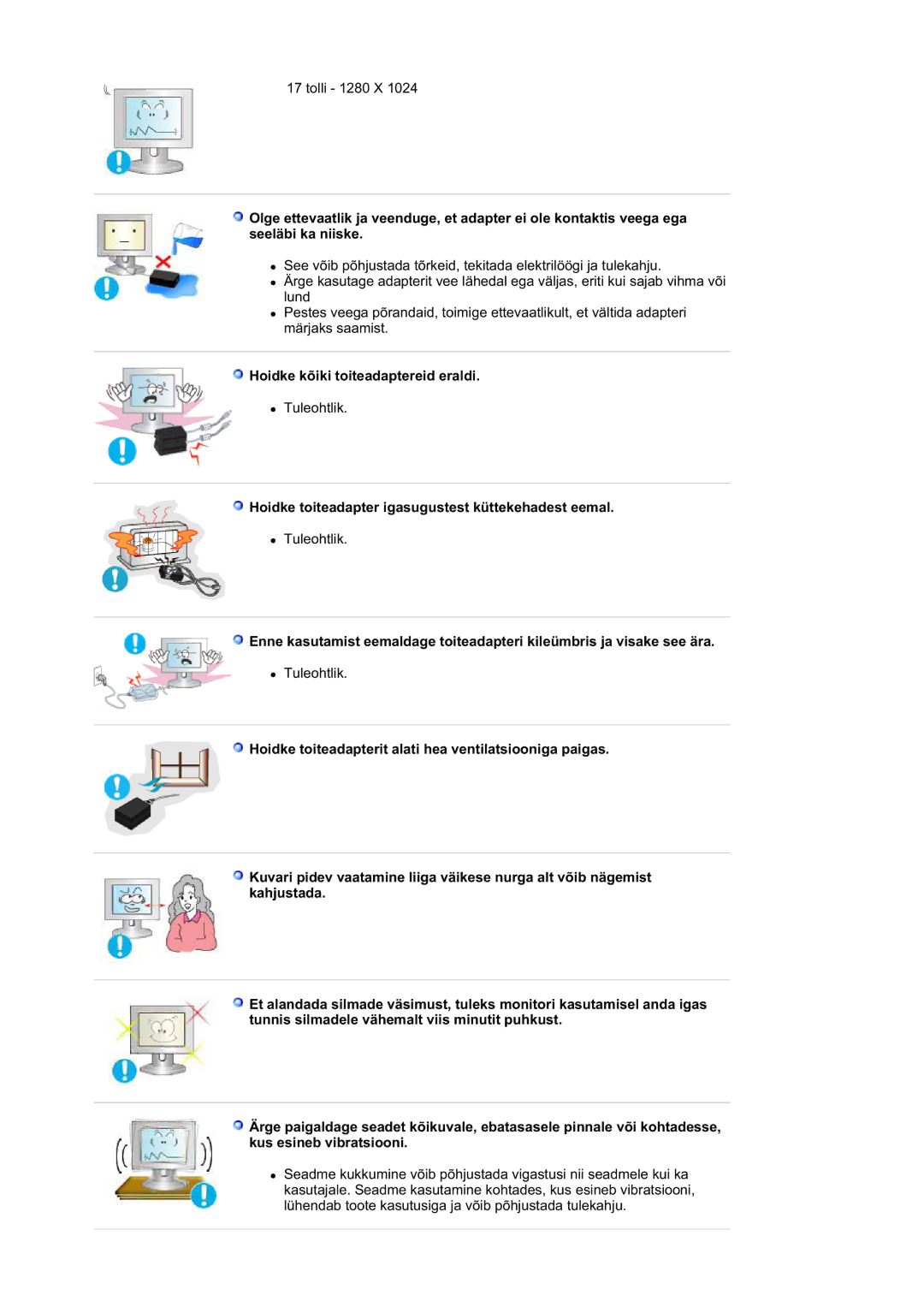 Samsung GS19ESSS/EDC manual Hoidke kõiki toiteadaptereid eraldi, Hoidke toiteadapter igasugustest küttekehadest eemal 