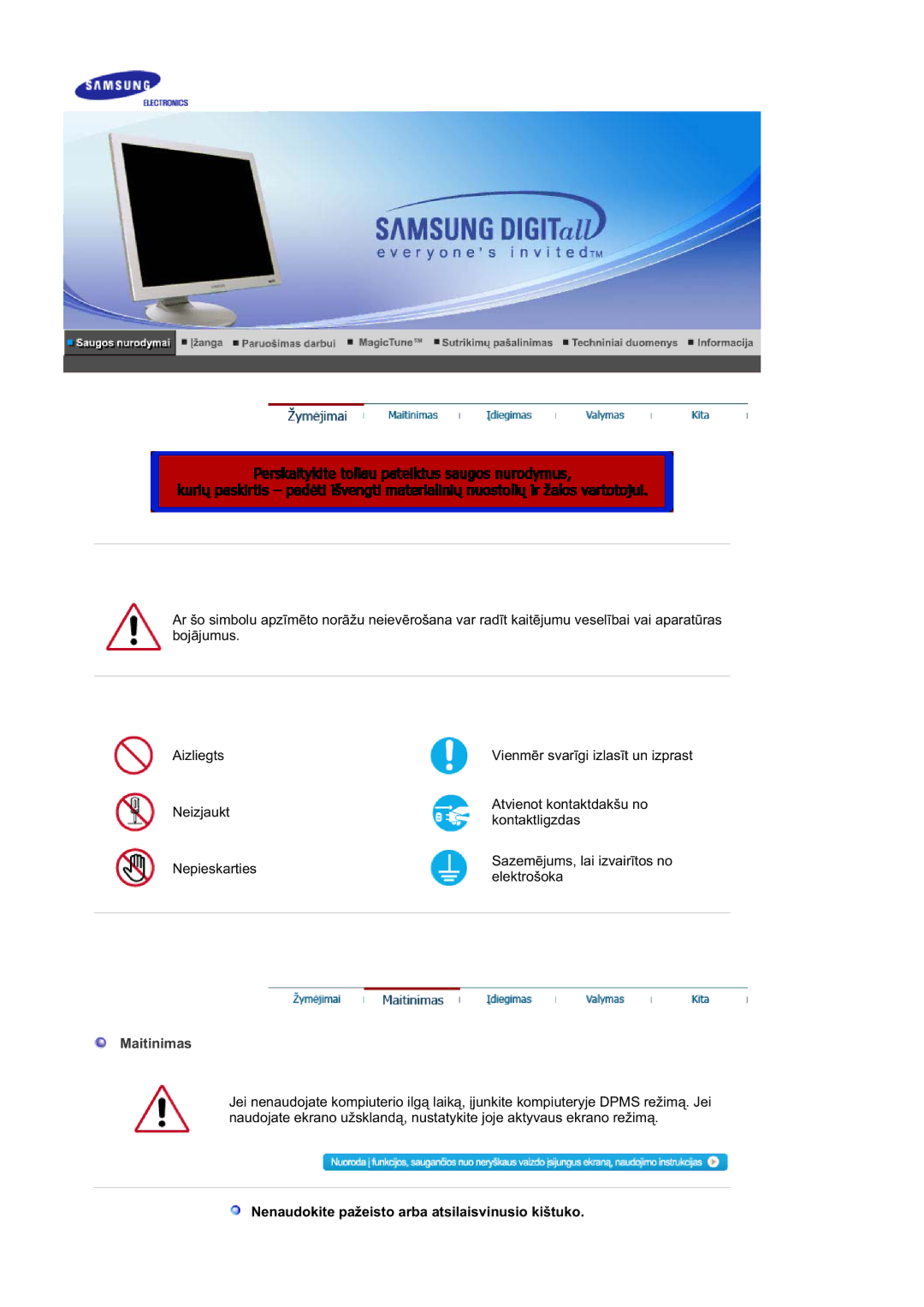 Samsung GS19ESSS/EDC, DE17PSQAQ/EDC, DE19PSQAQ/EDC manual Maitinimas, Nenaudokite pažeisto arba atsilaisvinusio kištuko 