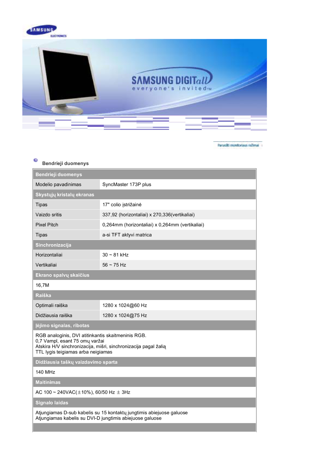 Samsung DE19PSQAQ/EDC, DE17PSQAQ/EDC, GS19ESSS/EDC manual Bendrieji duomenys, Skystǐjǐ kristalǐ ekranas 