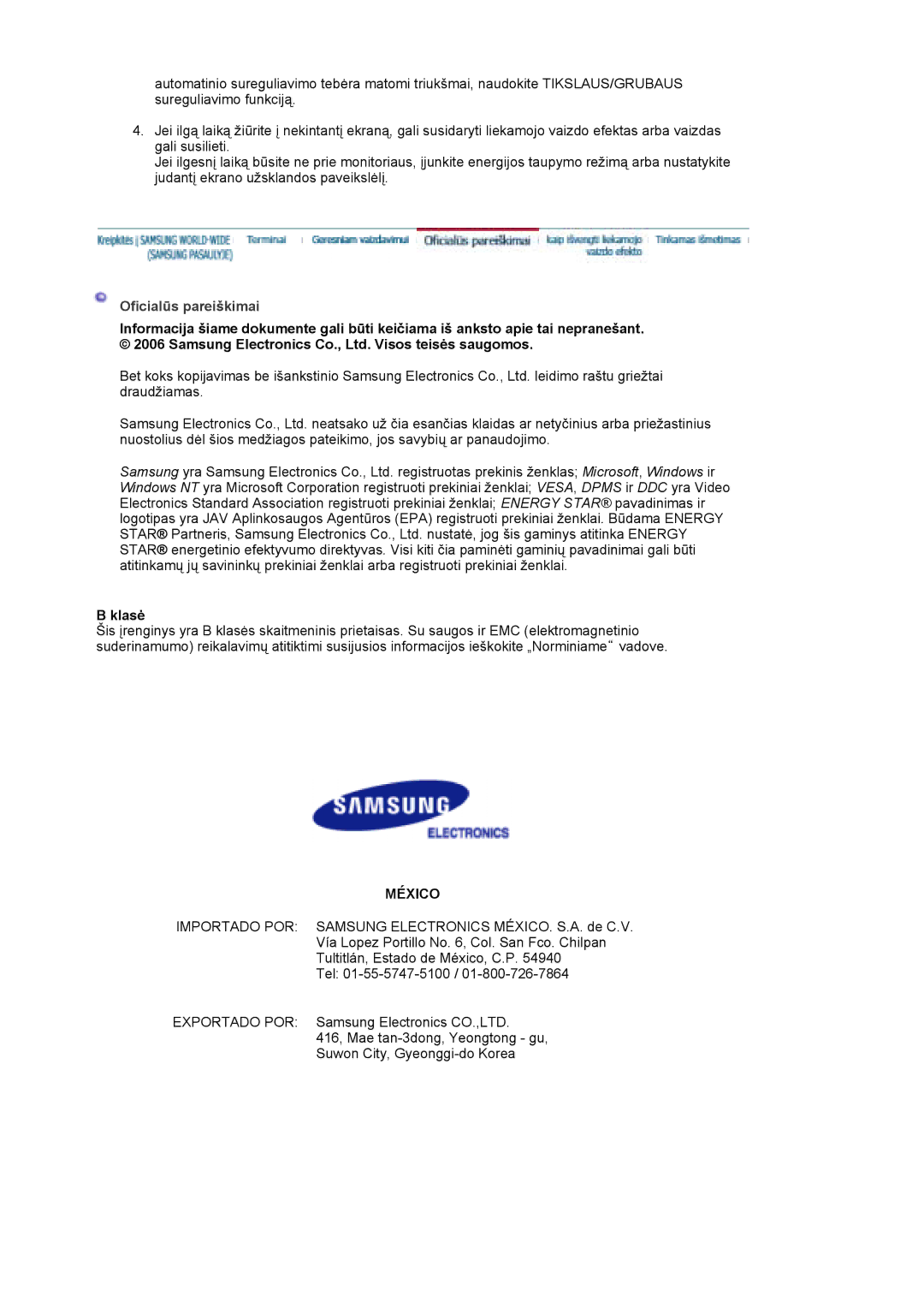 Samsung DE19PSQAQ/EDC, DE17PSQAQ/EDC, GS19ESSS/EDC manual Oficialūs pareiškimai, Klasė 