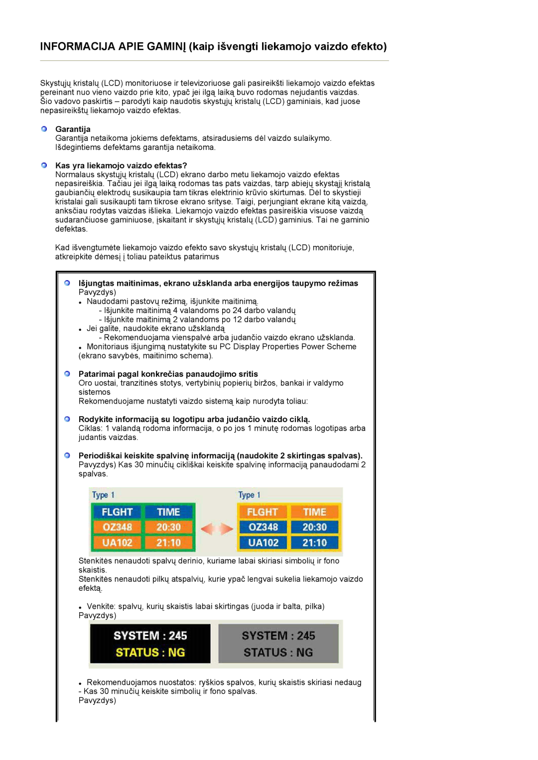 Samsung GS19ESSS/EDC manual Garantija, Kas yra liekamojo vaizdo efektas?, Patarimai pagal konkrečias panaudojimo sritis 