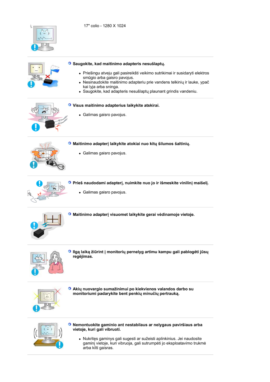 Samsung GS19ESSS/EDC manual Saugokite, kad maitinimo adapteris nesušlaptǐ, Visus maitinimo adapterius laikykite atskirai 