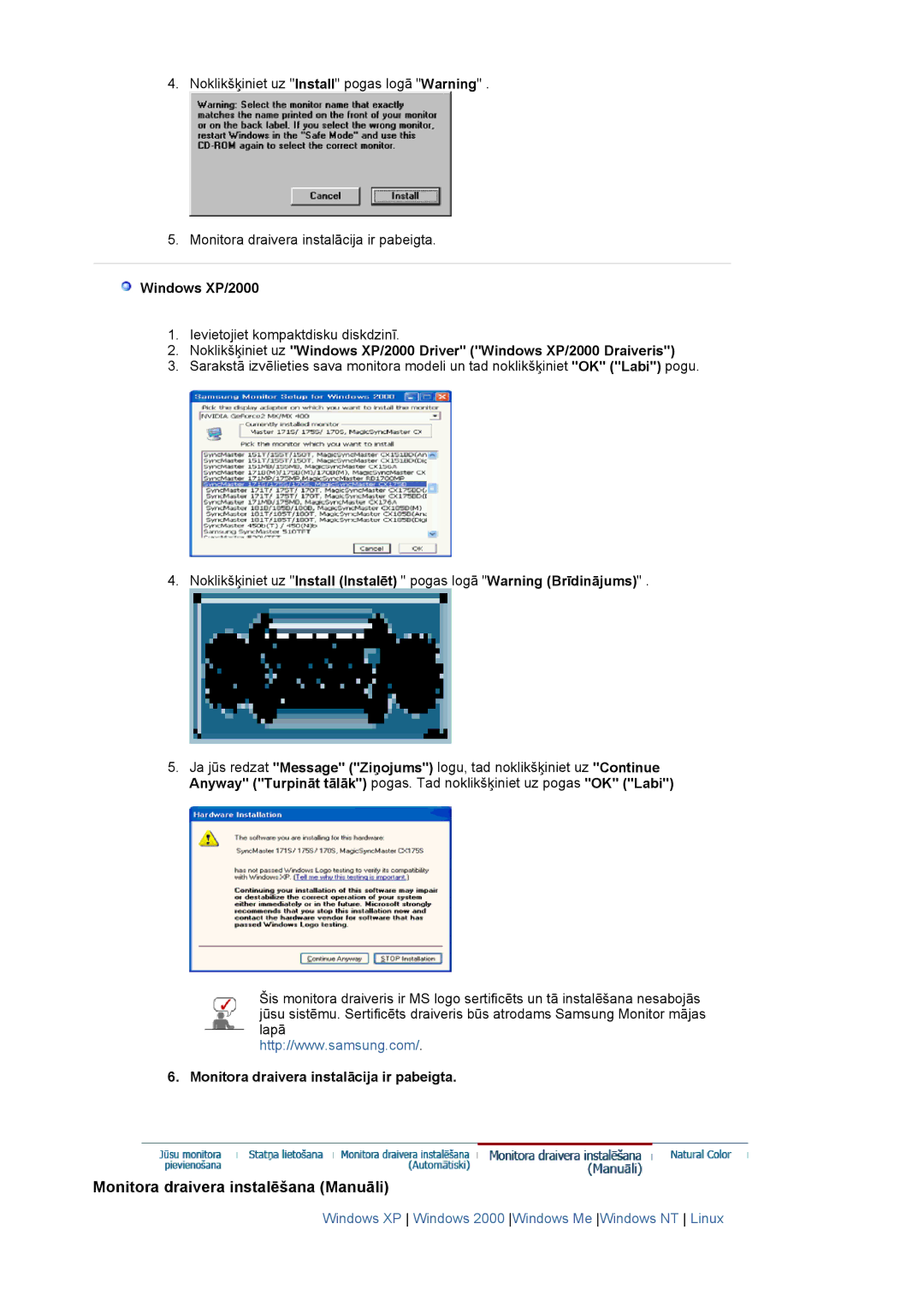 Samsung DE19PSQAQ/EDC, DE17PSQAQ/EDC, GS19ESSS/EDC manual Windows XP/2000, Monitora draivera instalācija ir pabeigta 