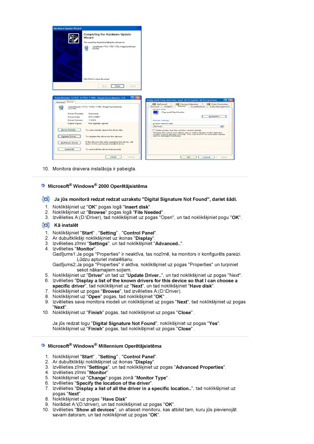 Samsung DE19PSQAQ/EDC, DE17PSQAQ/EDC, GS19ESSS/EDC manual Kā instalēt, Microsoft Windows Millennium Operētājsistēma 