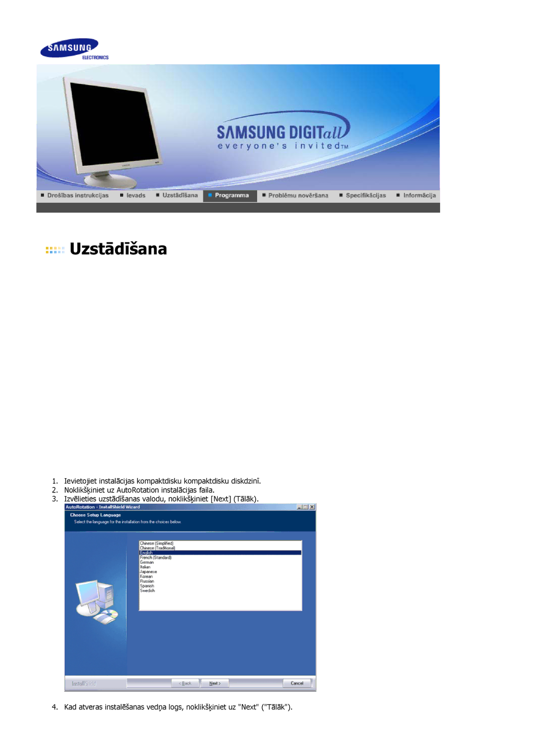 Samsung DE19PSQAQ/EDC, DE17PSQAQ/EDC, GS19ESSS/EDC manual Uzstādīšana 