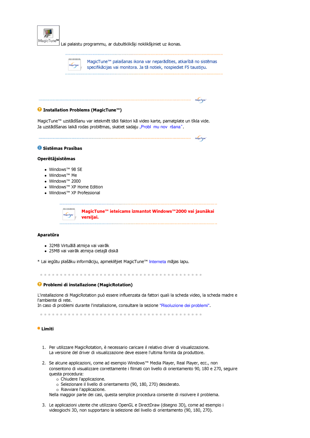 Samsung DE19PSQAQ/EDC, GS19ESSS/EDC Installation Problems MagicTune, Sistēmas Prasības Operētājsistēmas, Aparatūra, Limiti 