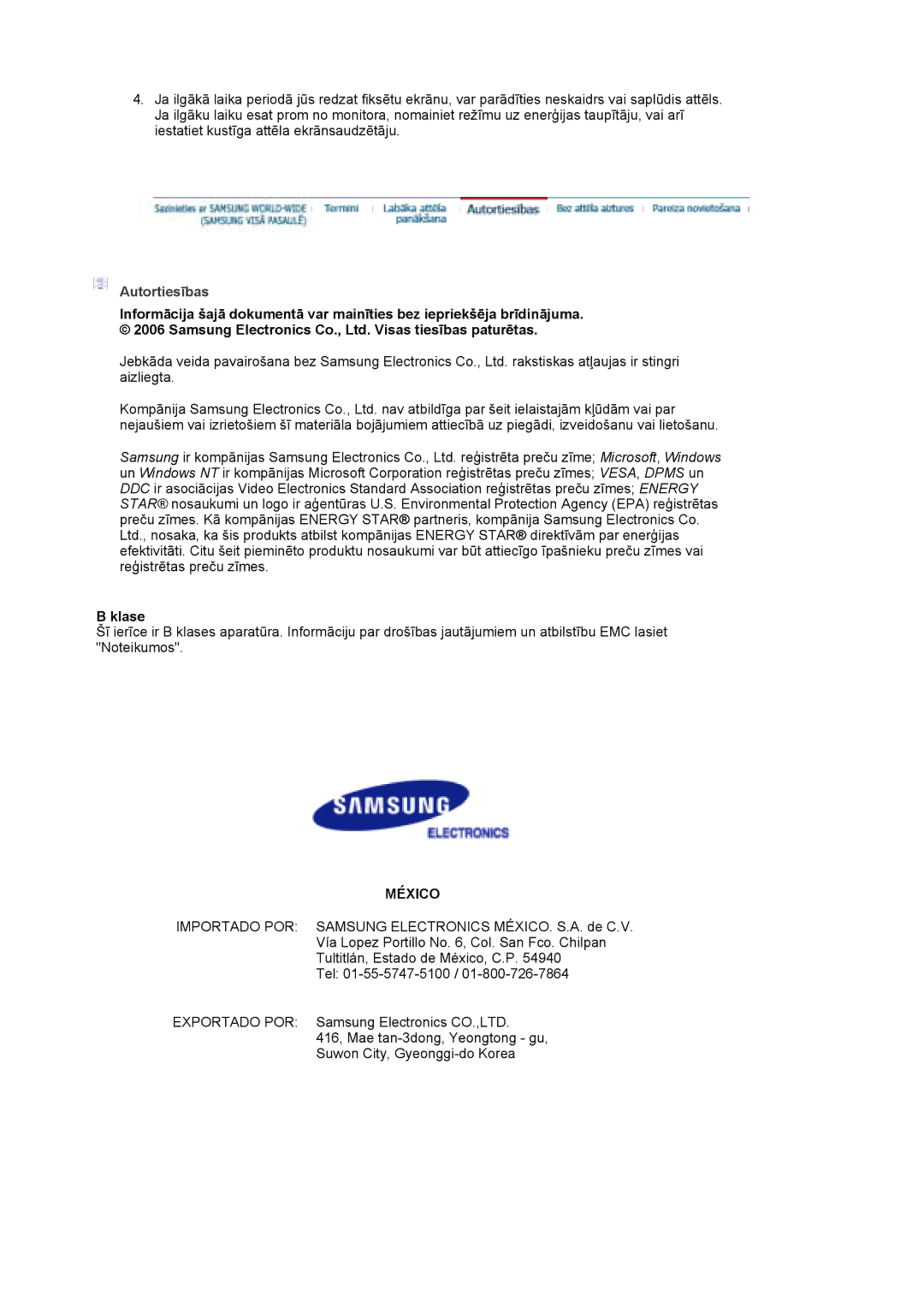 Samsung DE19PSQAQ/EDC, DE17PSQAQ/EDC, GS19ESSS/EDC manual Autortiesības, Klase 