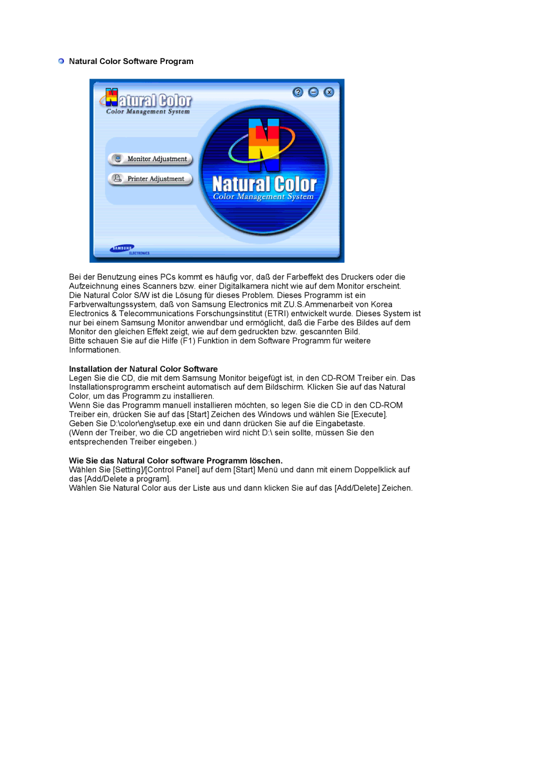 Samsung GS19ESSS/EDC, DE17PSQAQ/EDC manual Natural Color Software Program, Installation der Natural Color Software 