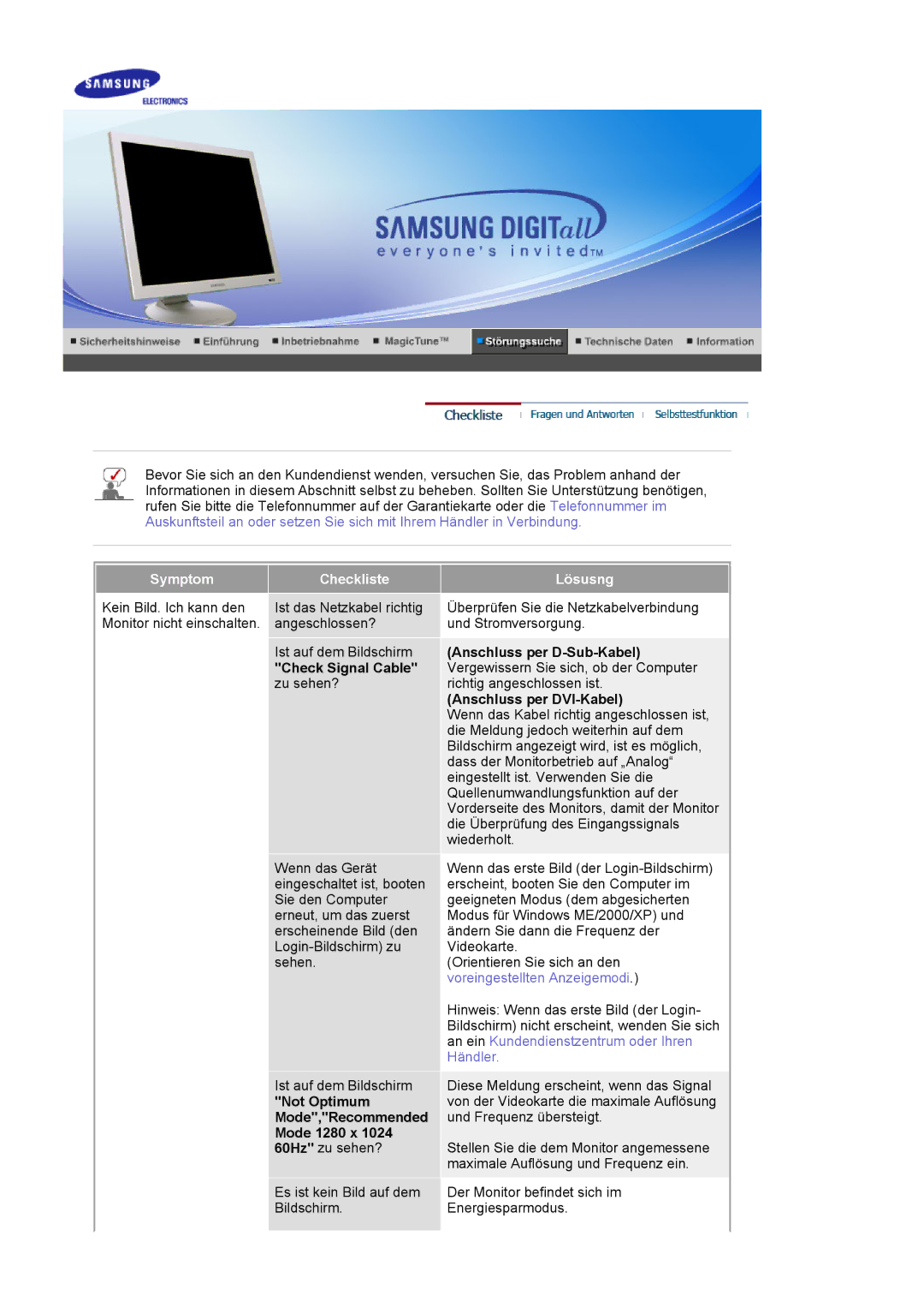 Samsung GS19ESSS/EDC, DE17PSQAQ/EDC manual Anschluss per D-Sub-Kabel, Check Signal Cable, Anschluss per DVI-Kabel 