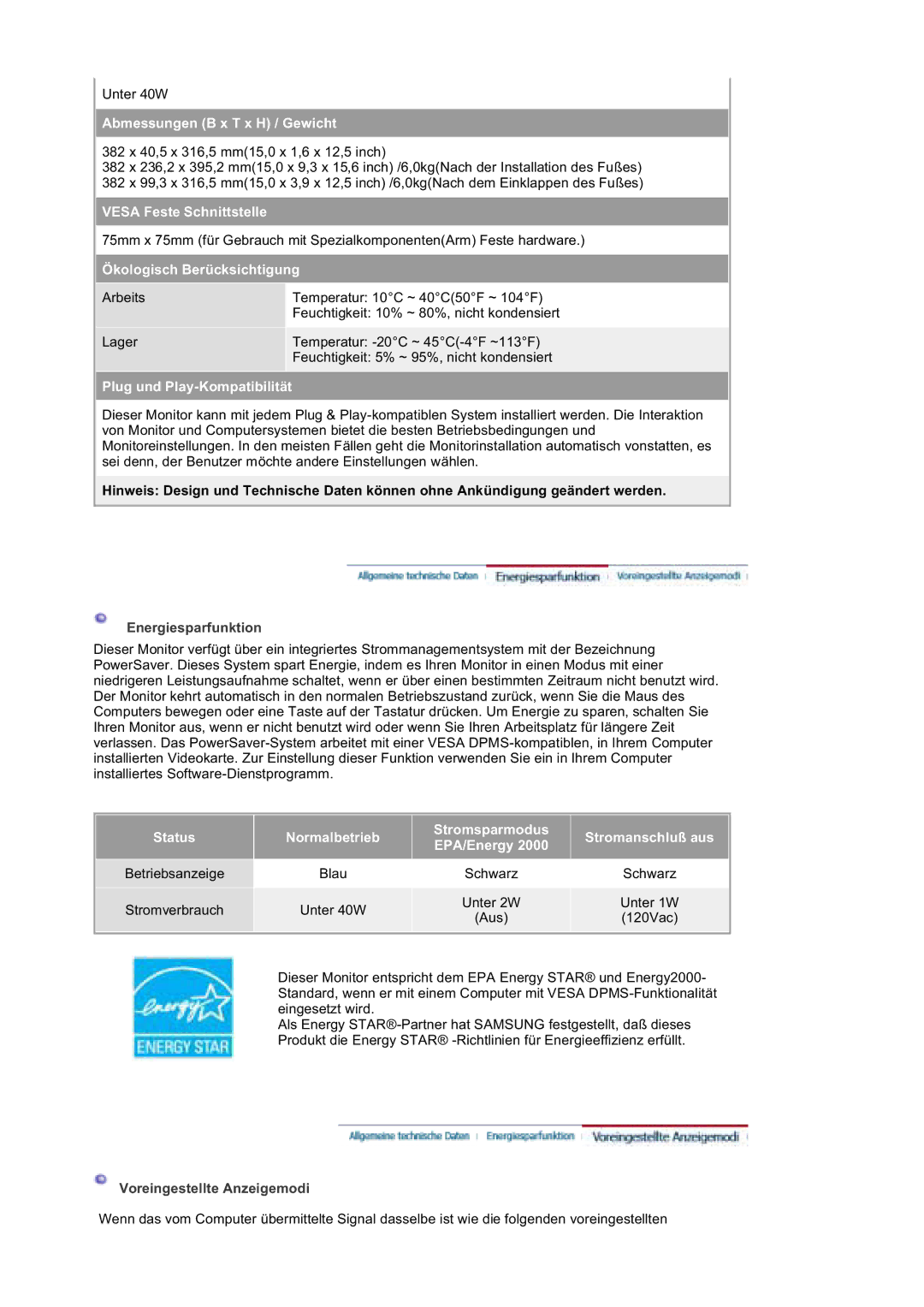 Samsung GS19ESSS/EDC, DE17PSQAQ/EDC manual Energiesparfunktion, Voreingestellte Anzeigemodi 