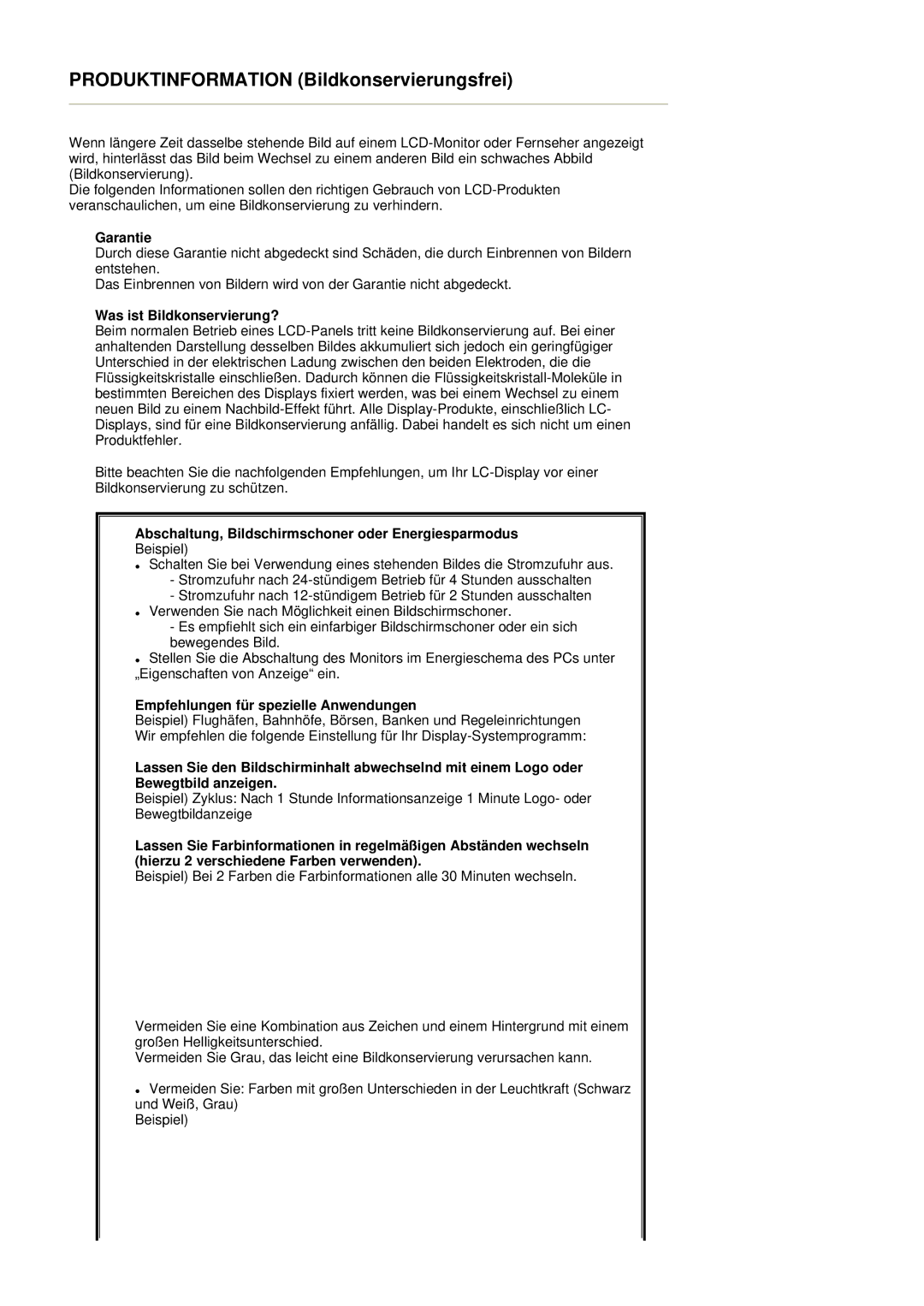 Samsung GS19ESSS/EDC manual Garantie, Was ist Bildkonservierung?, Abschaltung, Bildschirmschoner oder Energiesparmodus 