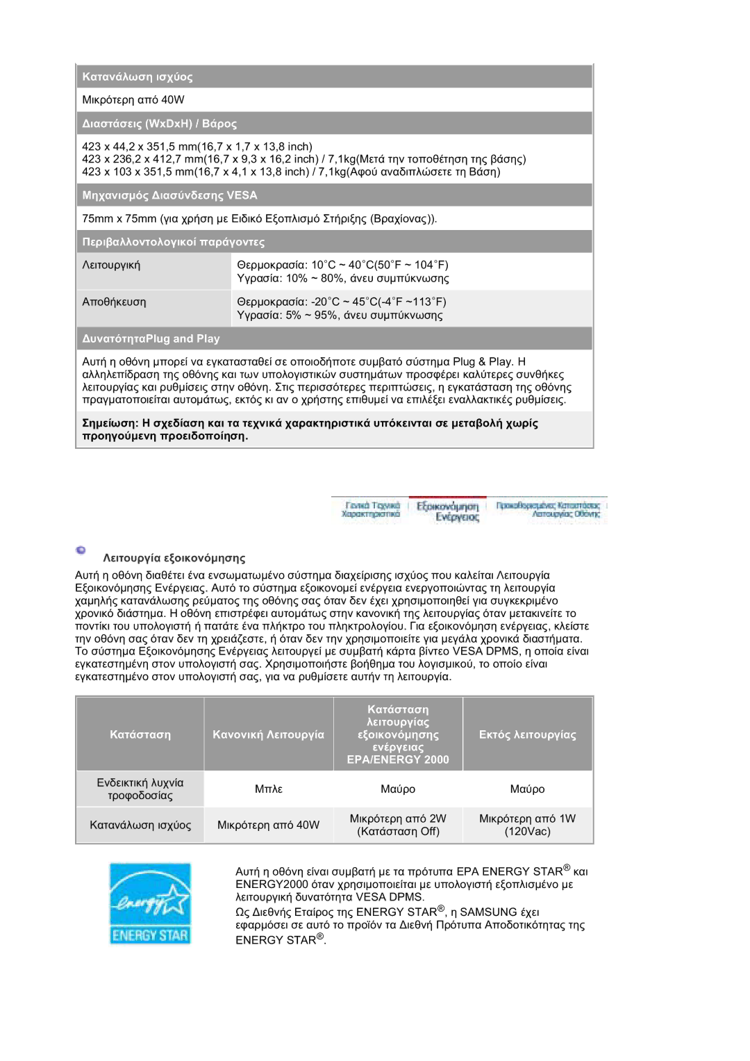 Samsung DE17PSQAQ/EDC, GS19ESSS/EDC manual ǺȚĮıĲȐıİȚȢ WxDxH / ǺȐȡȠȢ, ȀİȚĲȠȣȡȖȓĮ İȟȠȚțȠȞȩμȘıȘȢ 