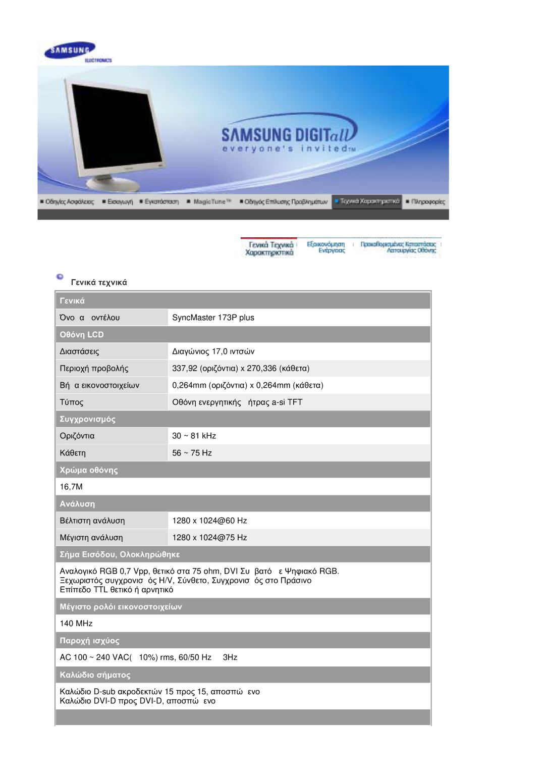 Samsung DE17PSQAQ/EDC, GS19ESSS/EDC manual ǴȞȠμĮ μȠȞĲȑȜȠȣ SyncMaster 173P plus 