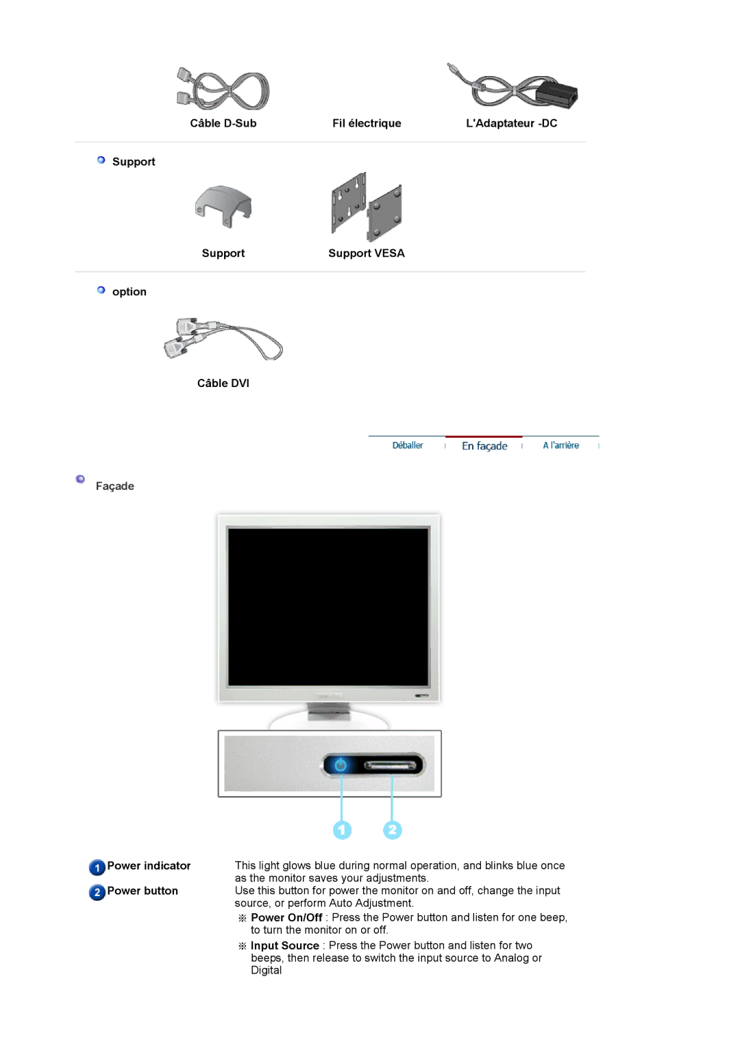 Samsung DE17PSQAQ/EDC, DE17PSQFV/EDC, DE19PSQAQ/EDC, DE19PSQFV/EDC, GS19ESSS/EDC manual Façade, Power indicator, Power button 