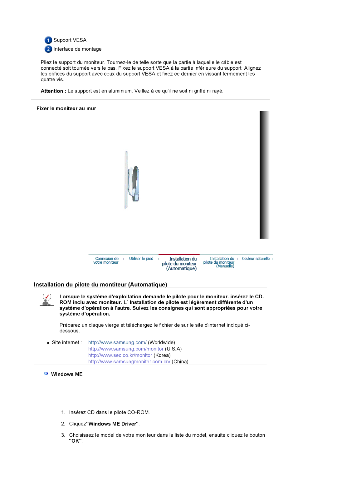 Samsung DE17PSQFV/EDC, DE17PSQAQ/EDC, DE19PSQAQ/EDC, DE19PSQFV/EDC Fixer le moniteur au mur, CliquezWindows ME Driver 