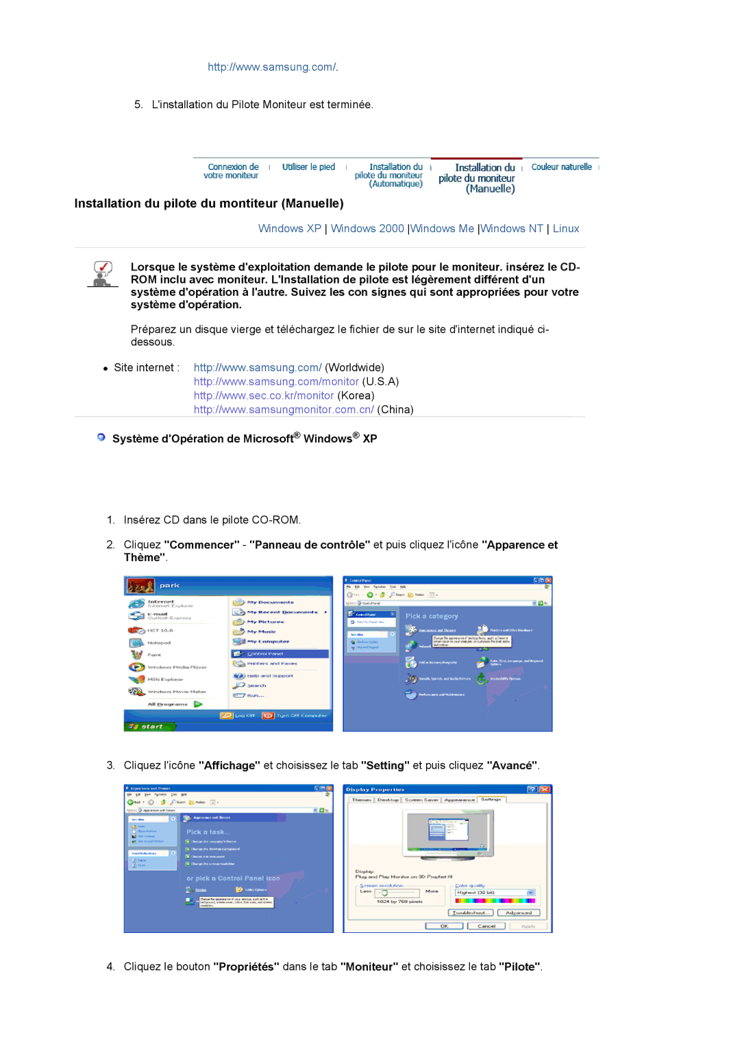 Samsung DE19PSQAQ/EDC manual Installation du pilote du montiteur Manuelle, Système dOpération de Microsoft Windows XP 