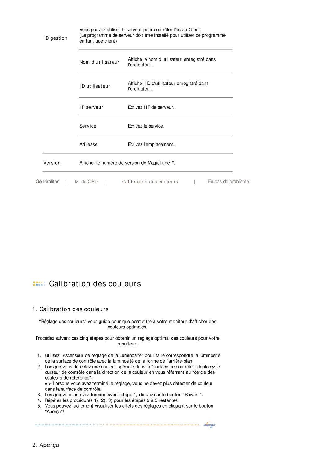 Samsung DE19PSQAQ/EDC, DE17PSQFV/EDC, DE17PSQAQ/EDC, DE19PSQFV/EDC, GS19ESSS/EDC manual Calibration des couleurs 