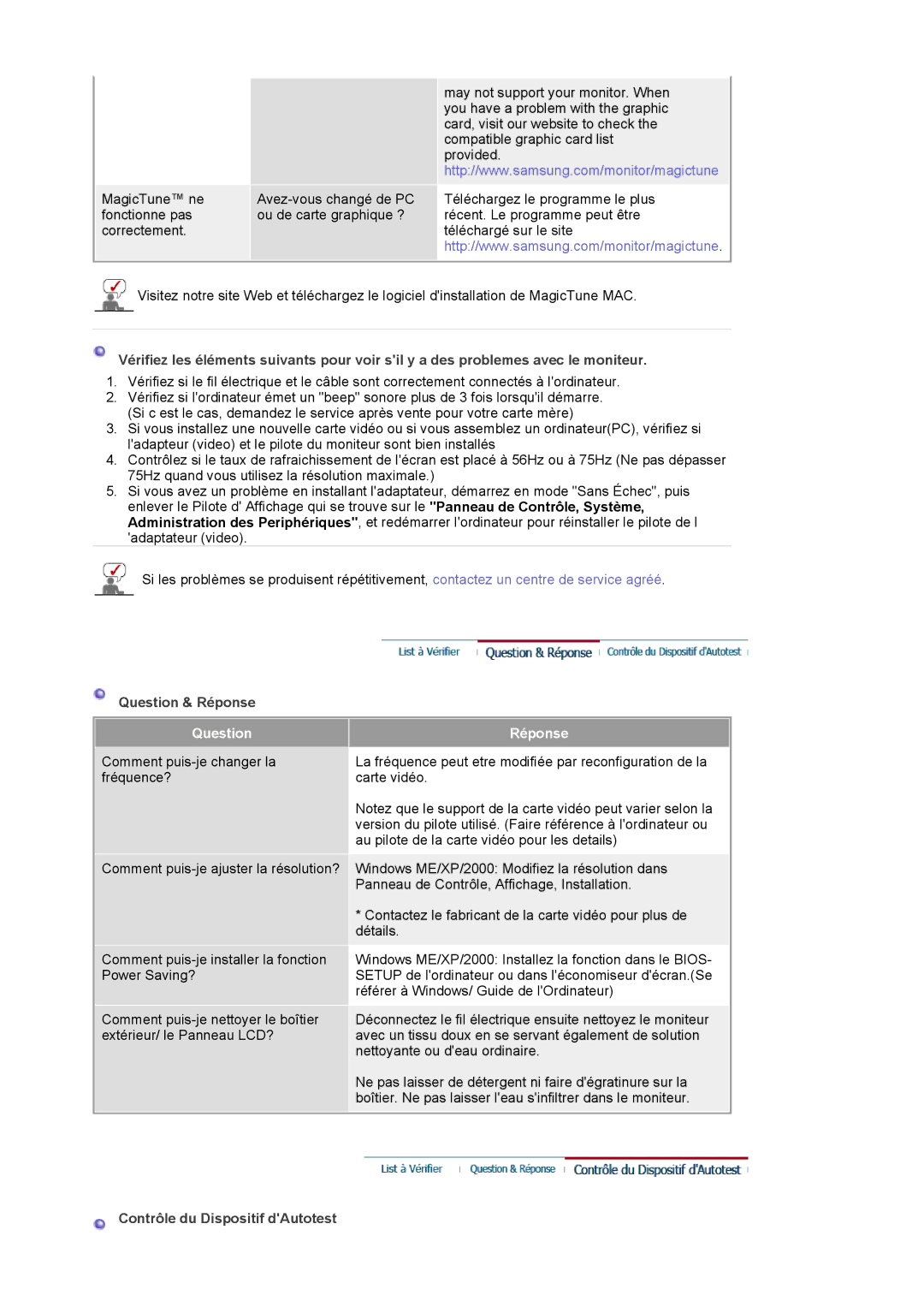 Samsung DE19PSQFV/EDC, DE17PSQFV/EDC, DE17PSQAQ/EDC, DE19PSQAQ/EDC manual Question & Réponse, Contrôle du Dispositif dAutotest 