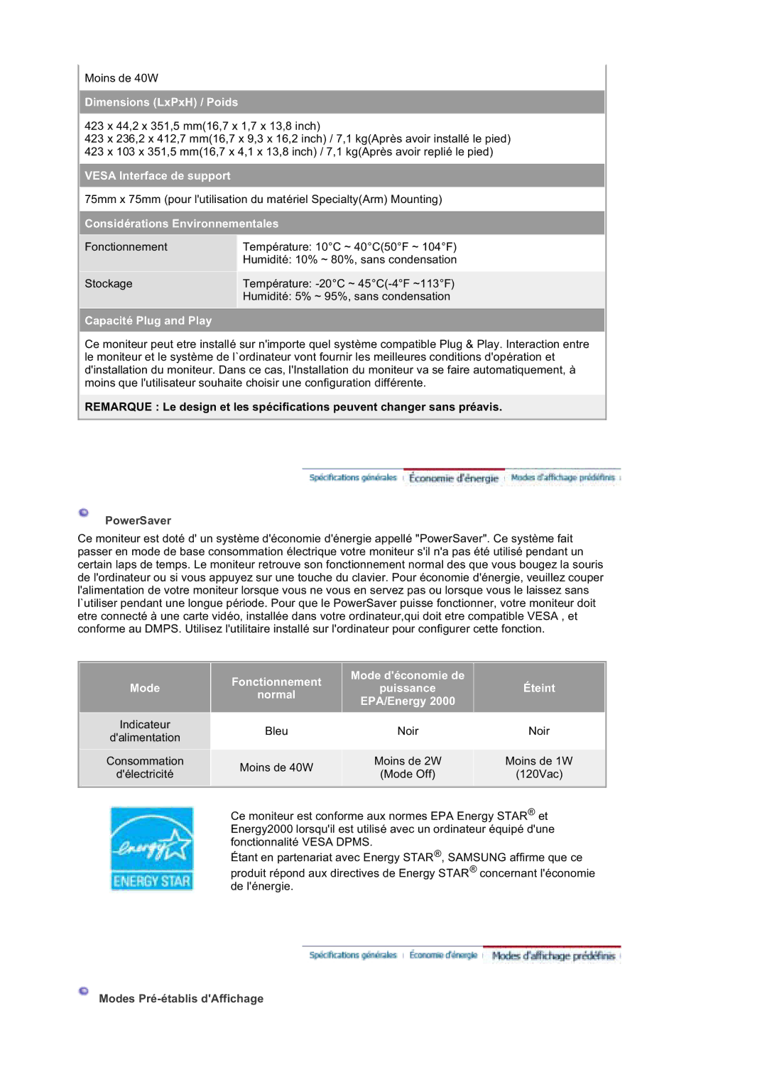 Samsung DE17PSQFV/EDC, DE17PSQAQ/EDC, DE19PSQAQ/EDC, DE19PSQFV/EDC, GS19ESSS/EDC manual Dimensions LxPxH / Poids 