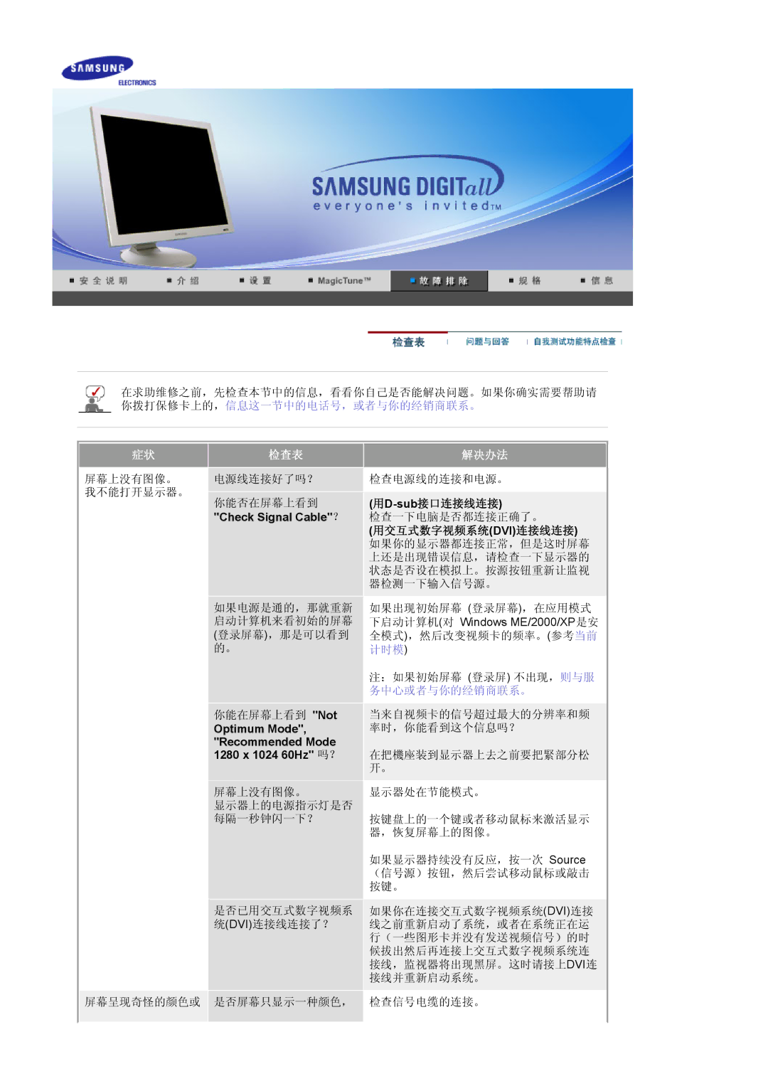 Samsung GS19ESSS/EDC, DE17PSQFV/EDC, DE17PSQAQ/EDC, DE19PSQAQ/EDC 用D-sub接口连接线连接, Check Signal Cable？, 用交互式数字视频系统dvi连接线连接 