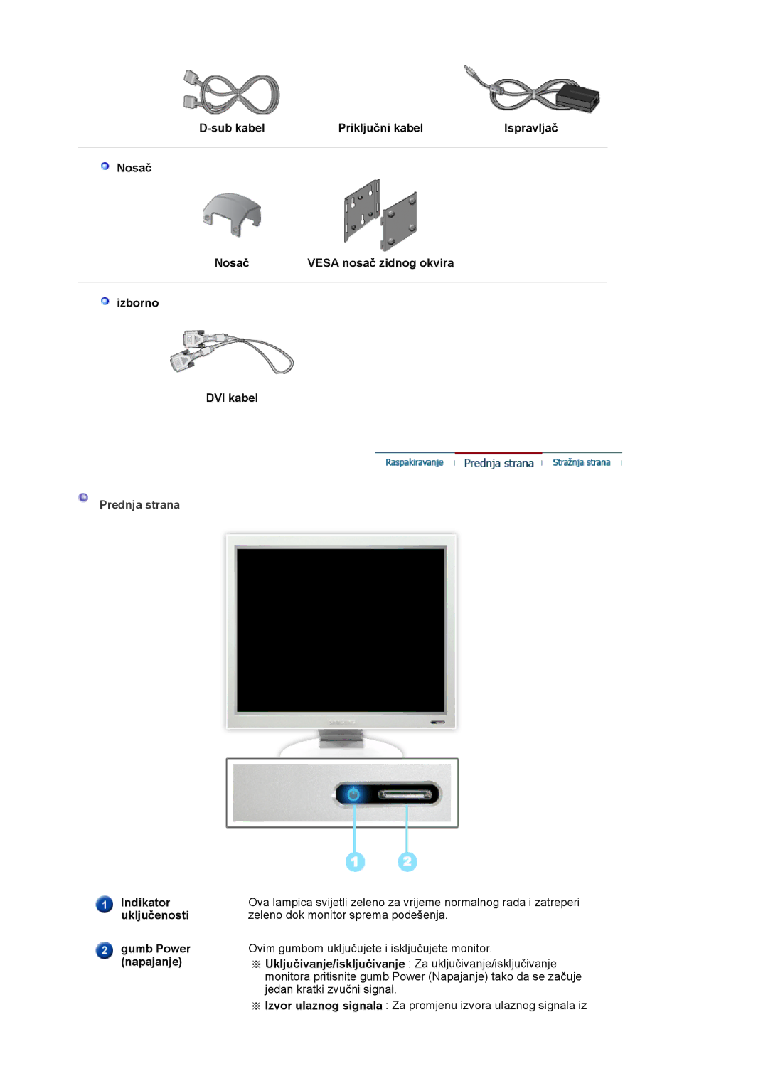 Samsung DE17PSQAQ/EDC, DE17PSQFV/EDC, DE19PSQAQ/EDC manual Prednja strana, Indikator uključenosti Gumb Power napajanje 