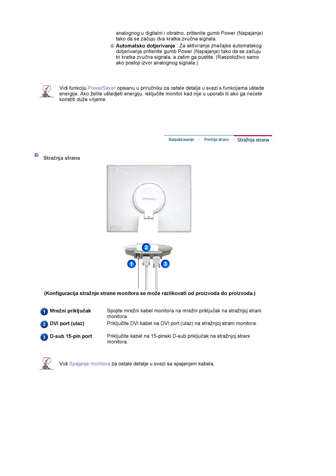 Samsung DE19PSQAQ/EDC, DE17PSQFV/EDC, DE17PSQAQ/EDC, DE19PSQFV/EDC manual Stražnja strana, DVI port ulaz, Sub 15-pin port 