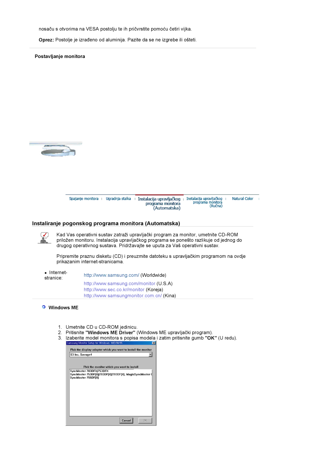 Samsung DE17PSQFV/EDC, DE17PSQAQ/EDC, DE19PSQAQ/EDC, DE19PSQFV/EDC, GS19ESSS/EDC manual Postavljanje monitora, Windows ME 