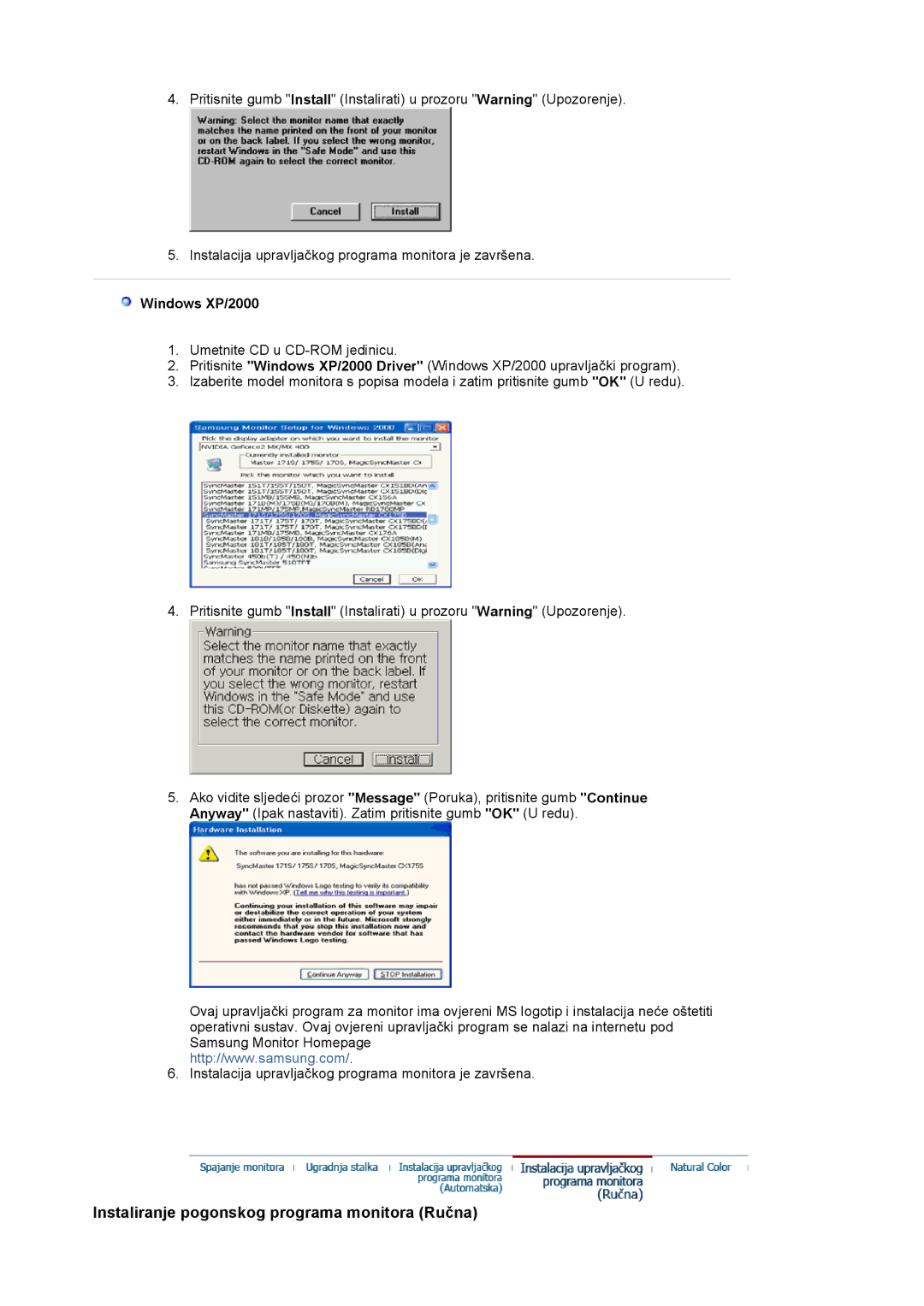 Samsung DE17PSQAQ/EDC, DE17PSQFV/EDC, DE19PSQAQ/EDC manual Instaliranje pogonskog programa monitora Ručna, Windows XP/2000 