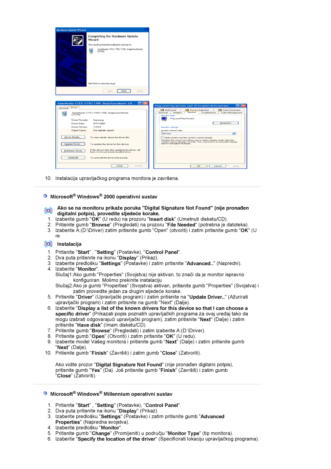 Samsung GS19ESSS/EDC, DE17PSQFV/EDC, DE17PSQAQ/EDC manual Instalacija, Microsoft Windows Millennium operativni sustav 