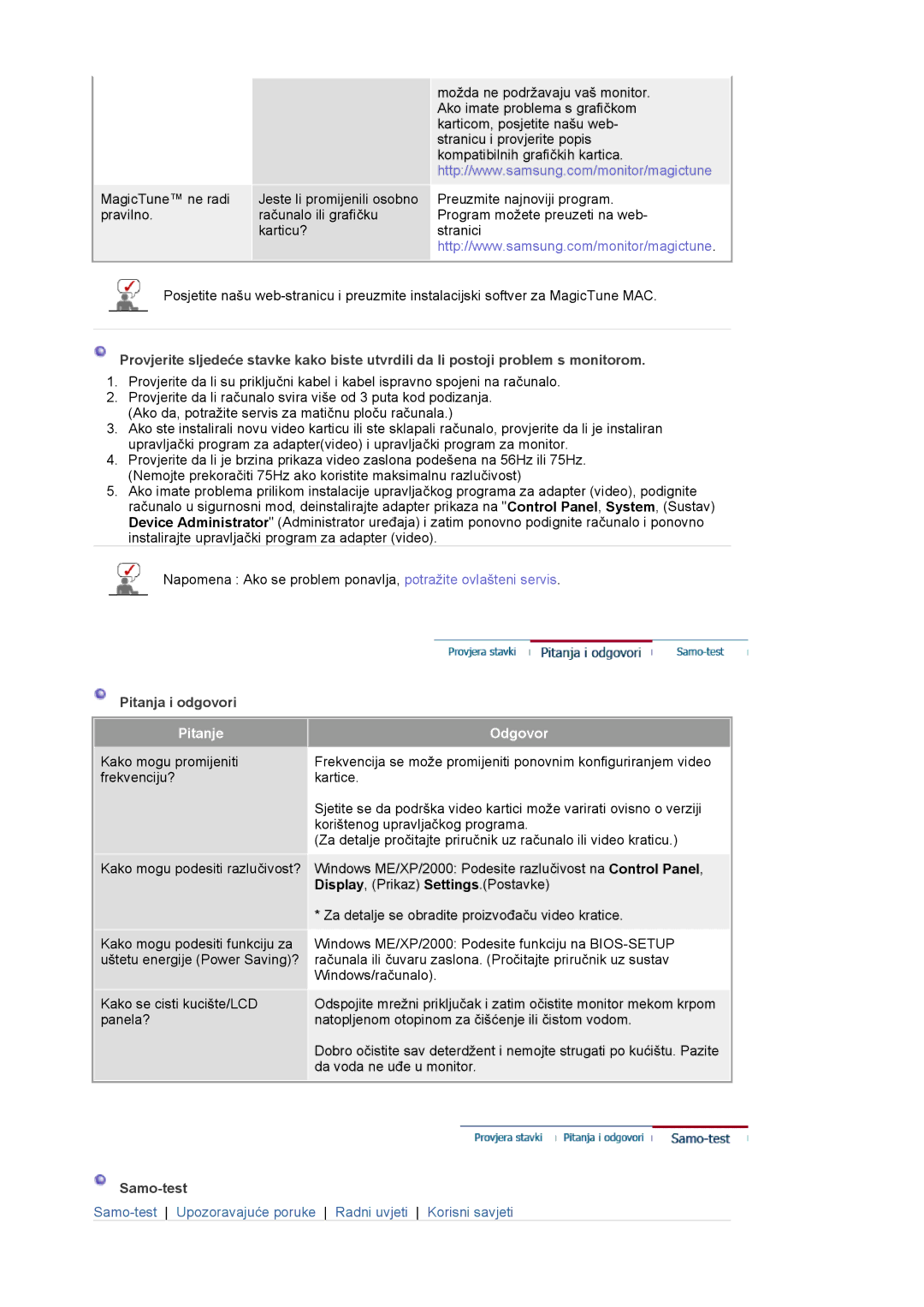 Samsung DE19PSQFV/EDC, DE17PSQFV/EDC, DE17PSQAQ/EDC, DE19PSQAQ/EDC, GS19ESSS/EDC manual Pitanja i odgovori, Samo-test 