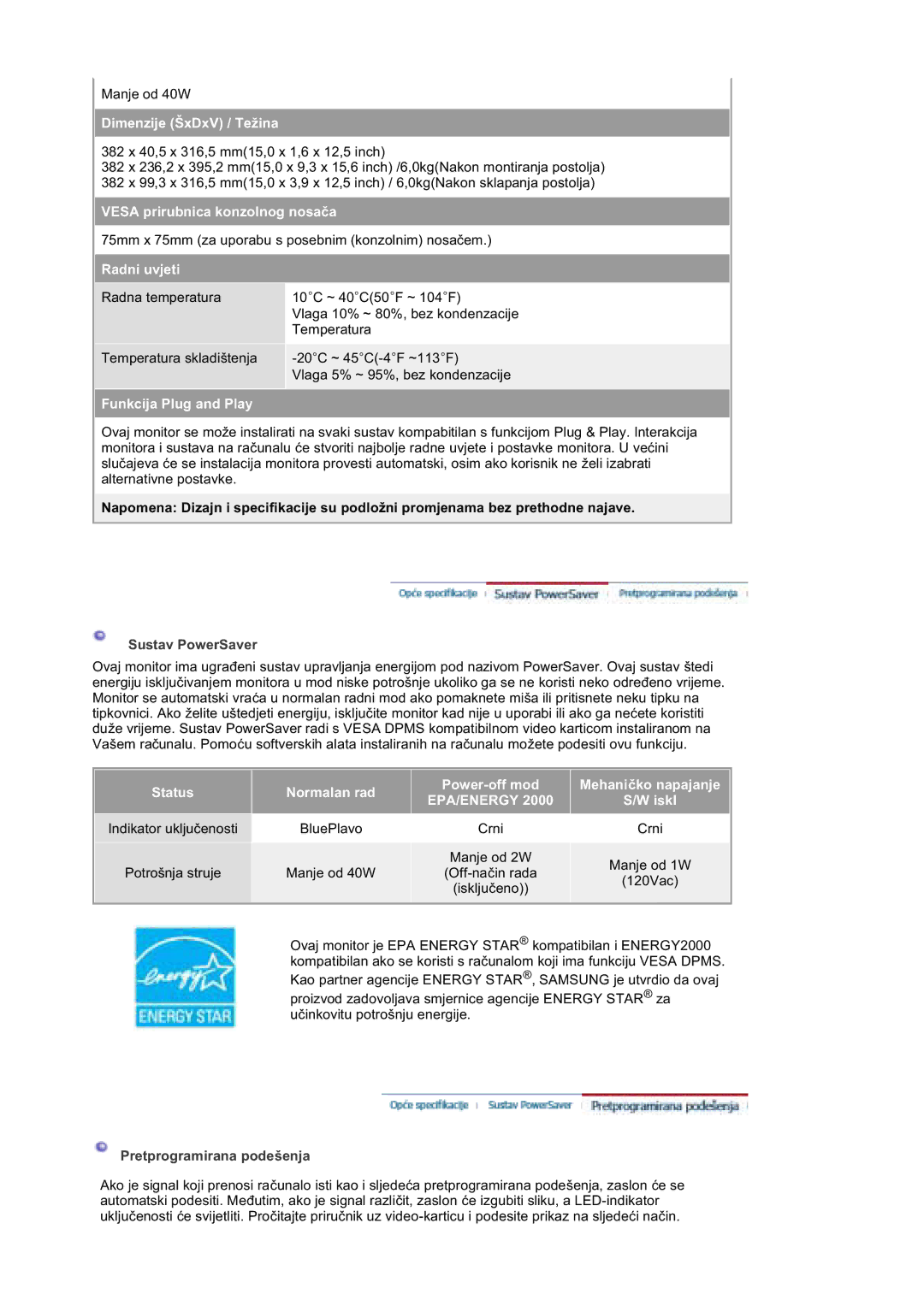 Samsung DE17PSQAQ/EDC, DE17PSQFV/EDC, DE19PSQAQ/EDC, DE19PSQFV/EDC manual Sustav PowerSaver, Pretprogramirana podešenja 