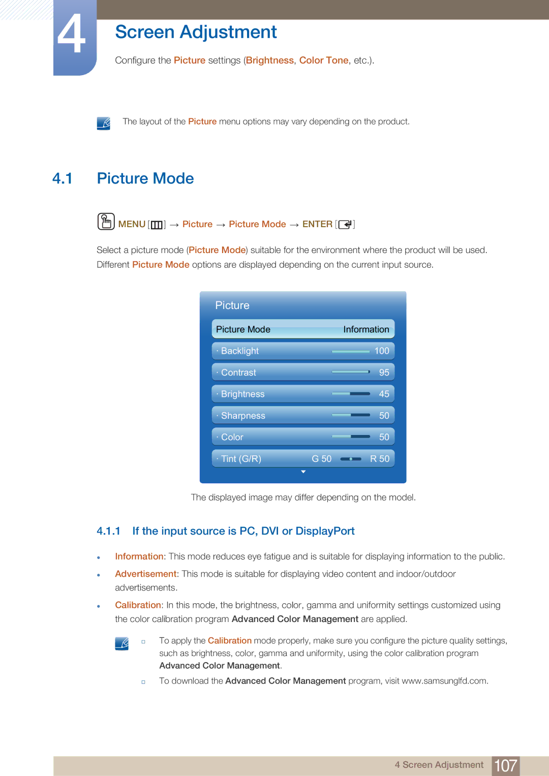 Samsung DE46C, DE55C, DE40C user manual Screen Adjustment, Picture Mode, If the input source is PC, DVI or DisplayPort 