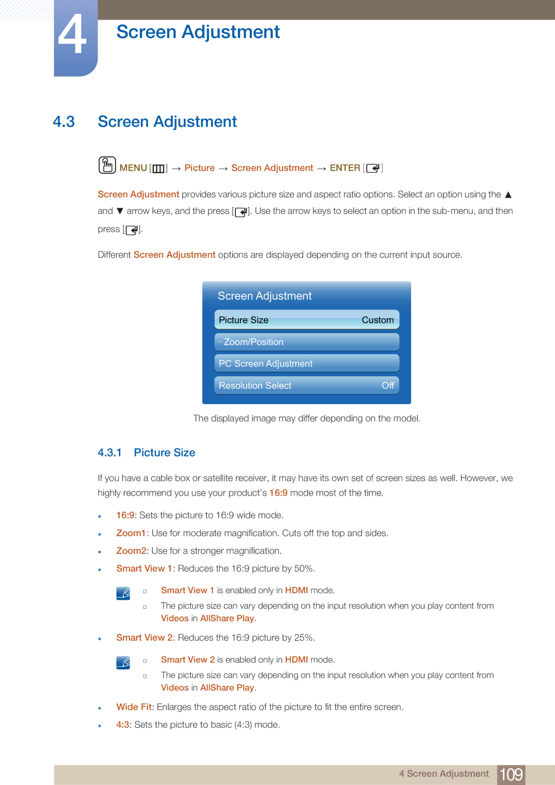 Samsung DE40C, DE55C, DE46C user manual Picture Size, Menu m Picture Screen Adjustment Enter 